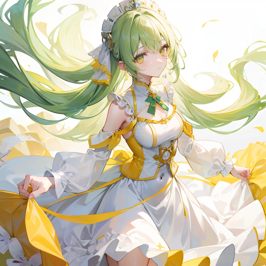 Long cream green hair，Wearing a yellow and white cheese suit，A graceful and dignified girl