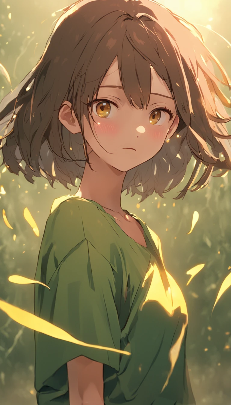 masterpiece、Cinematic portrait photography、octan render、8K、1girl in、sixteen years old、Calm、(Eye for realistic details、natural skin textures、Realistic face details)、Soft dramatic lighting、depth of fields、bokeh dof、vibrant detail、finely detail、Surreal、Hazy blur、filmg、femele、Brown hair、Brown eyes、Short bob hair、Wearing square-framed glasses、Seductive smile, Green Sportswear、pleatedskirt、Yellow and green color scheme、dynamic compositions、fighting poses, underboob