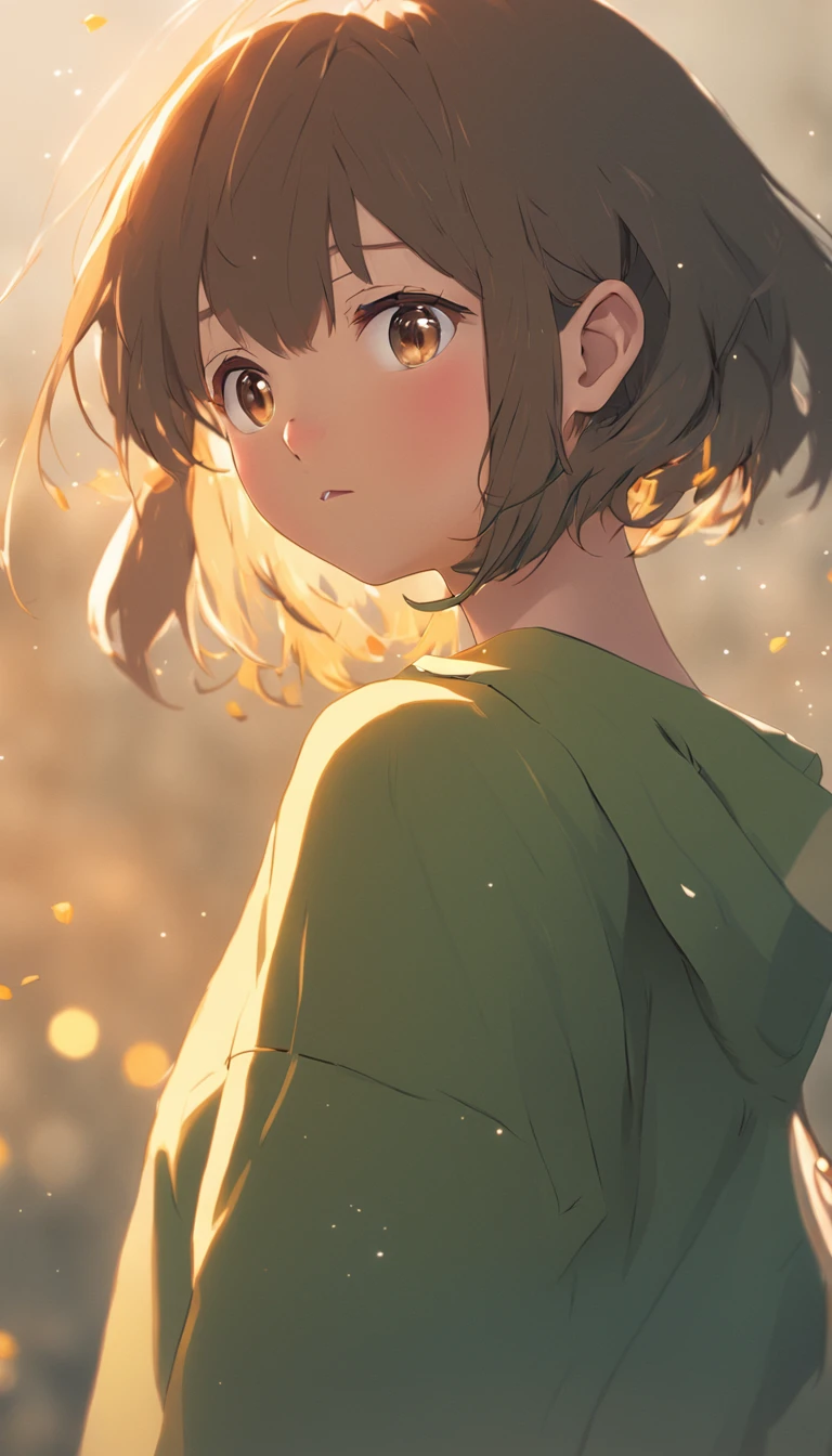 ​masterpiece、Cinematic portrait photography、octan render、8K、1girl in、sixteen years old、Calm、(Eye for realistic details、natural skin textures、Realistic face details)、Soft dramatic lighting、depth of fields、bokeh dof、vibrant detail、finely detail、Surreal、Hazy blur、filmg、femele、Brown hair、Brown eyes、Short bob hair、Wearing square-framed glasses、Seductive smile, Green Sportswear、pleatedskirt、Yellow and green color scheme、dynamic compositions、fighting poses, underboob