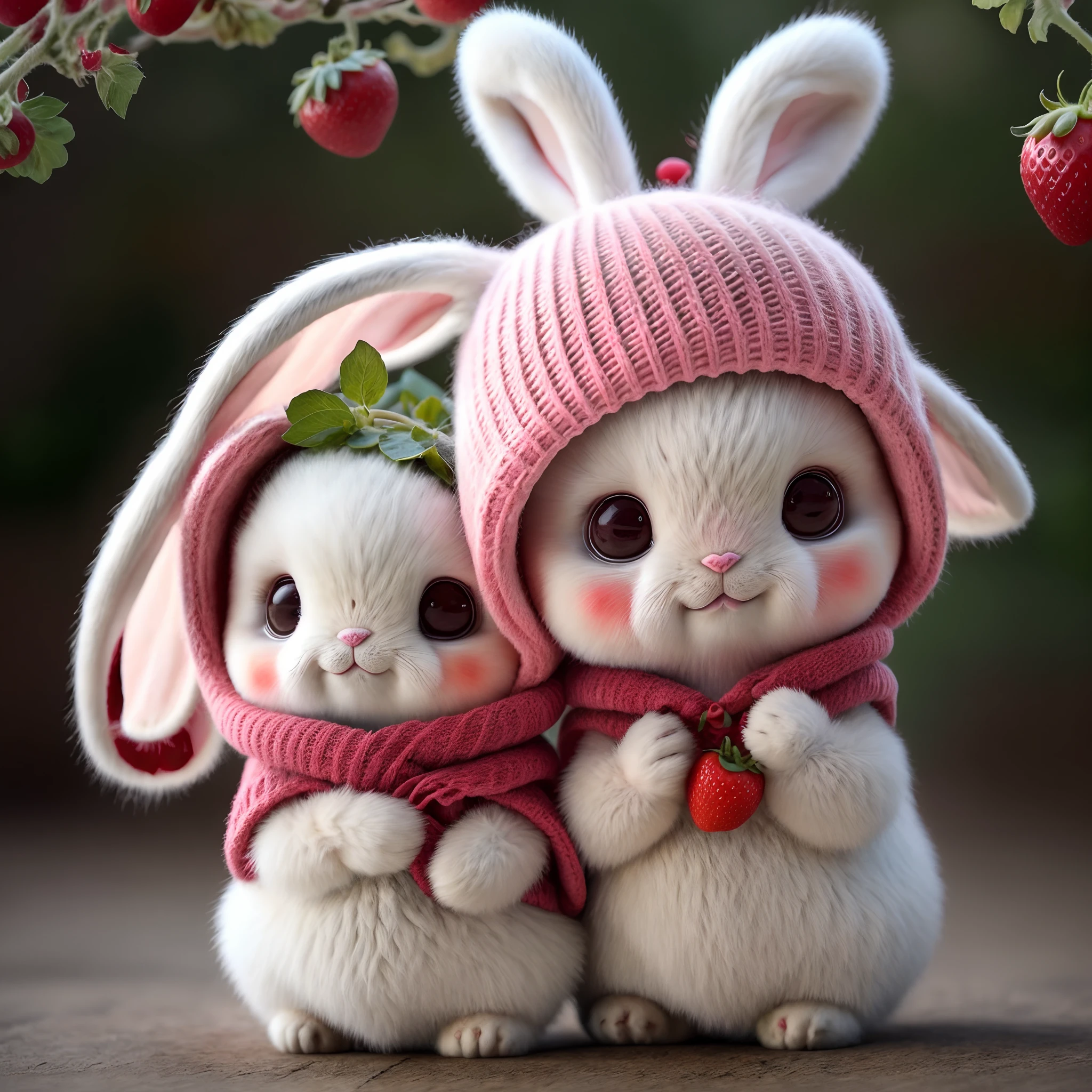 : 3. bunny, realistic, furry animal, apple, black eye, blush, cherry, food, fruit, full body, hat, non-human, strawberry, tomato, watermelon