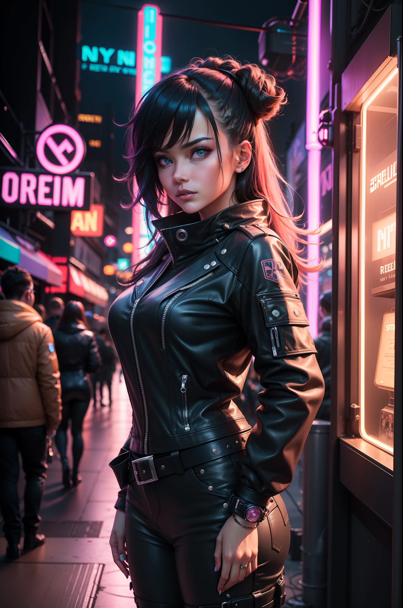 a woman standing in front of a neon sign, in the style of hyper-realistic sci-fi, steelpunk, candid shots of famous figures, perfect eye, beautiful eye, mote kei, leather/hide, dc comics, sony alpha a1 --ar 77:100 --s 750 --niji 5