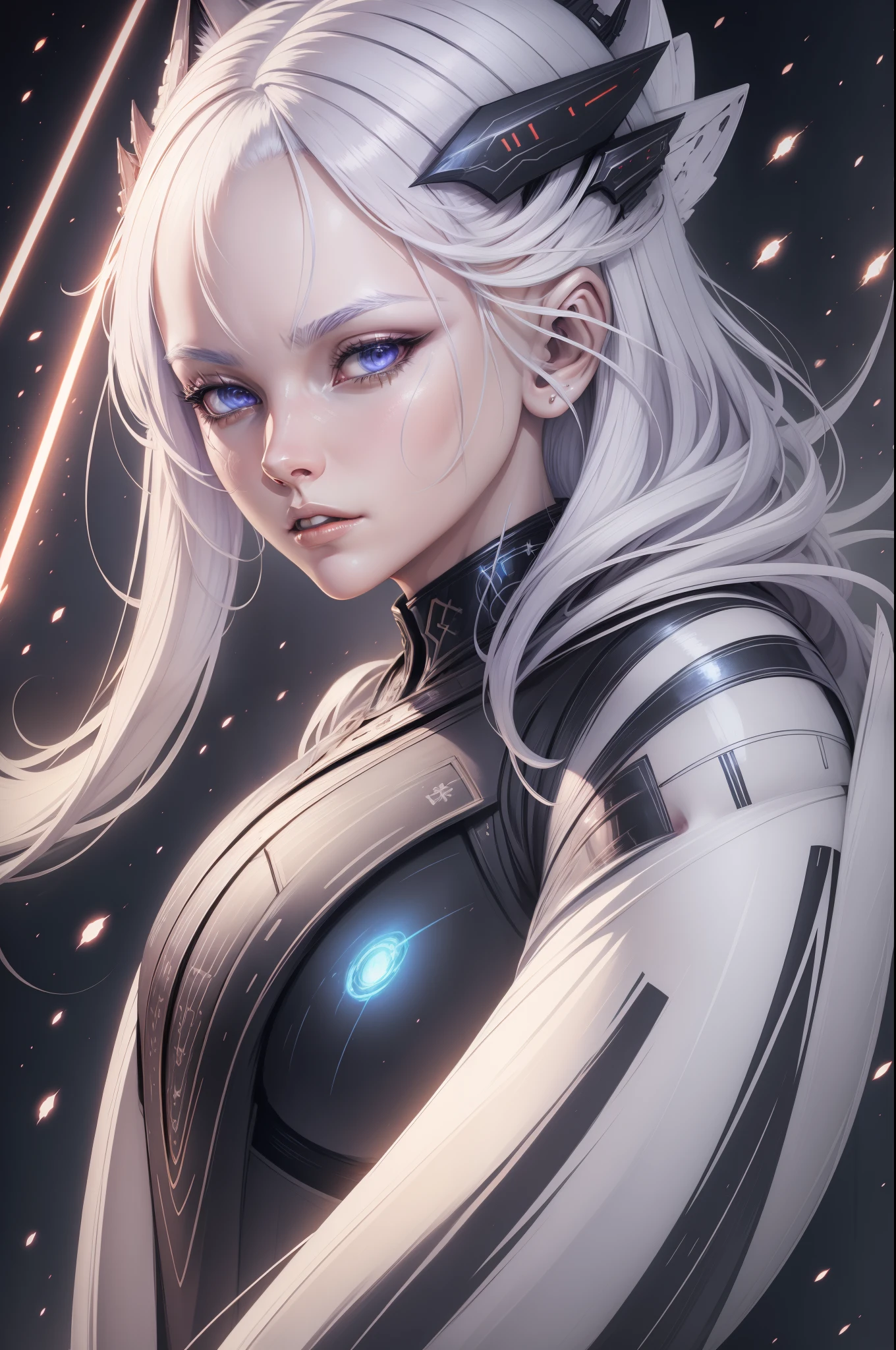 female Sith lord from STAR WARS, white hair, cat ears, beautiful face, detailed face, hyperdetailed, masterpiece, 8k, dynamic pose, immersive background, depth of field,