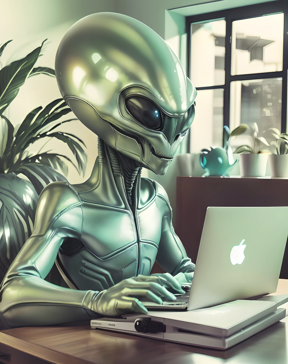 Raw photo of ETGrey Alien drinking coffee, sitting in a gaming chair in front of a state-of-the-art computer
