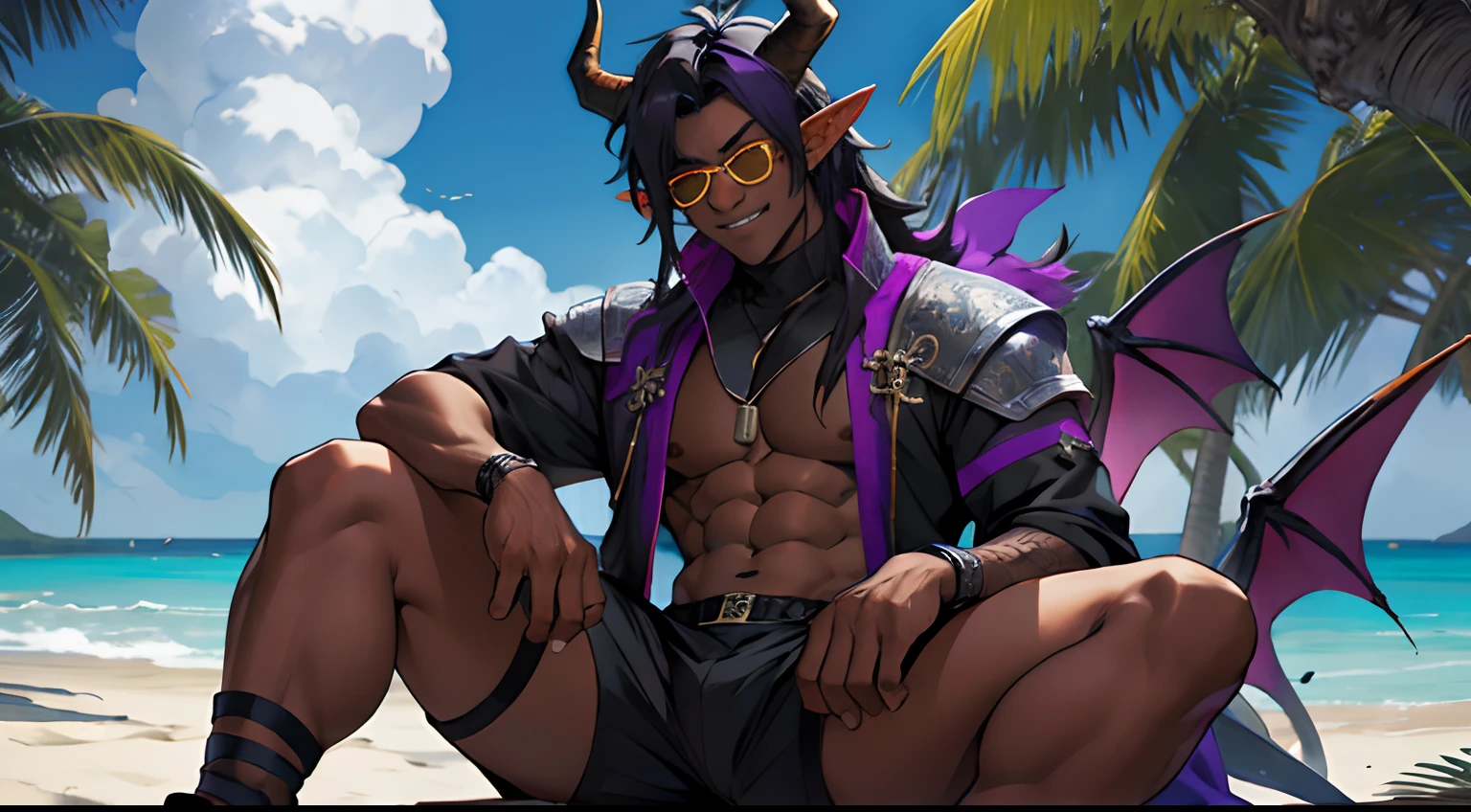Black and purple, dragon girl, wearing fire armor , medieval, hold flaming dagger, anime, realistic, high quality, non distorted, queen of dragons, medium breats, thick waist, dark skin, looking at viewer, cloudy, sitting pose, with horns, black horns, sexy outfit, bikini, beach, dragon tail, sitting next to male elf, with beach shorts, wearing sunglasses, smiling, dark skin couple together
