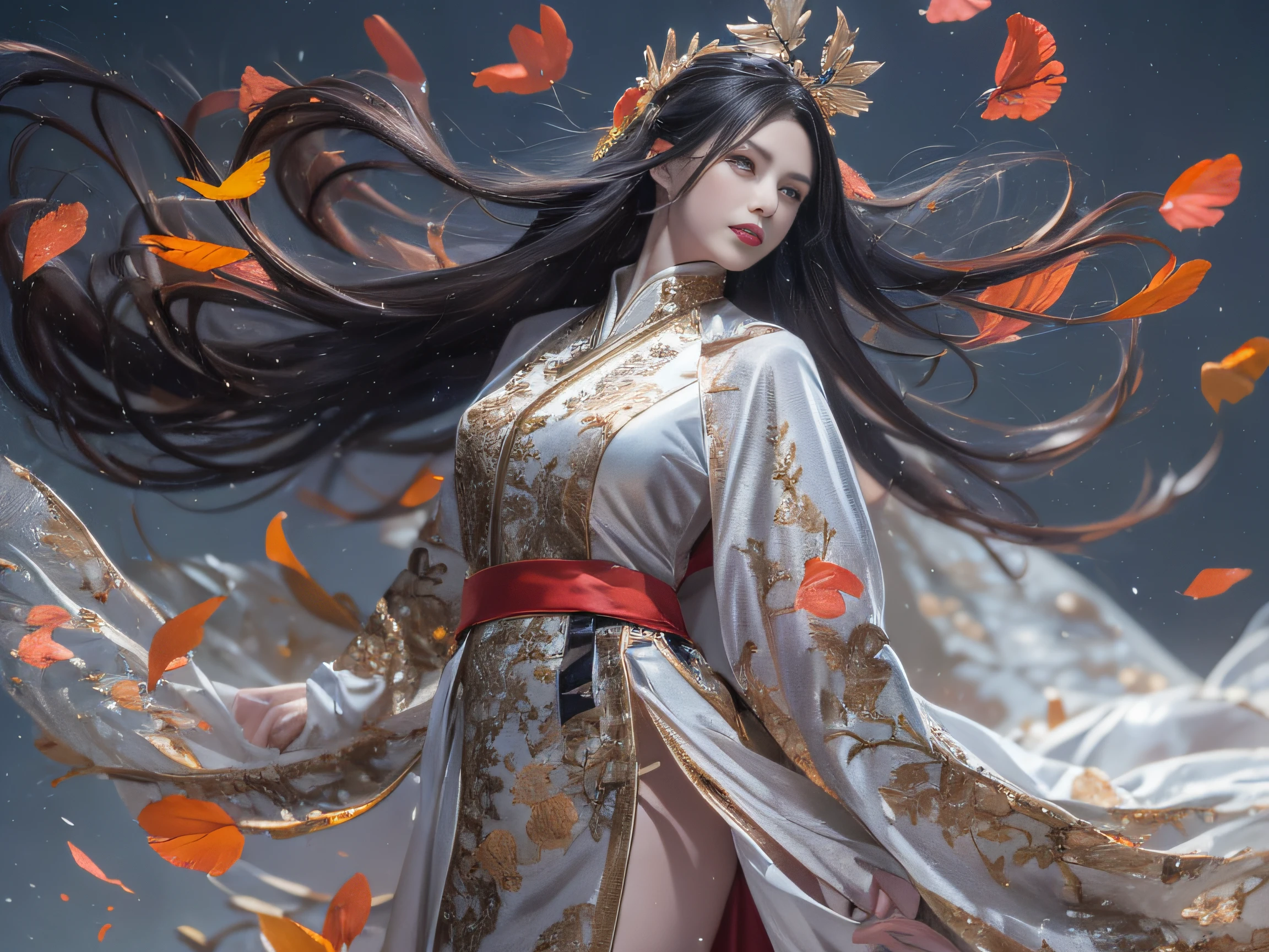 32K(tmasterpiece,k hd,hyper HD,32K)Long flowing black hair,Rockery,zydink, a color, Xuzhou people (Seduce girls), (Red scarf in the snow), jumping posture, long whitr hair, Floating hair, Carp pattern headdress, Chinese long-sleeved silver battle robe, (Abstract gouache splash:1.2), Pink petal background,Tulips flying(realisticlying:1.4),Black color hair,Fallen leaves flutter,The background is pure, A high resolution, the detail, RAW photogr, Sharp Re, Nikon D850 Film Stock Photo by Jefferies Lee 4 Kodak Portra 400 Camera F1.6 shots, Rich colors, ultra-realistic vivid textures, Dramatic lighting, Unreal Engine Art Station Trend, cinestir 800,Long flowing black hair,Transparent robe clothing