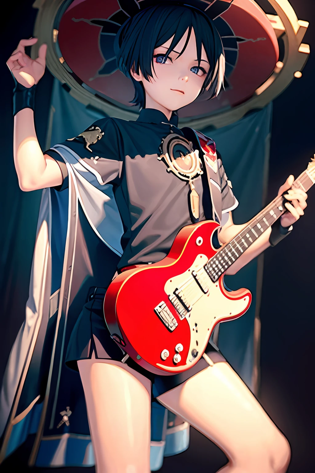 tmasterpiece，Best quality at best，（Wanderers：1.2），malefocus，stage，plays the guitar