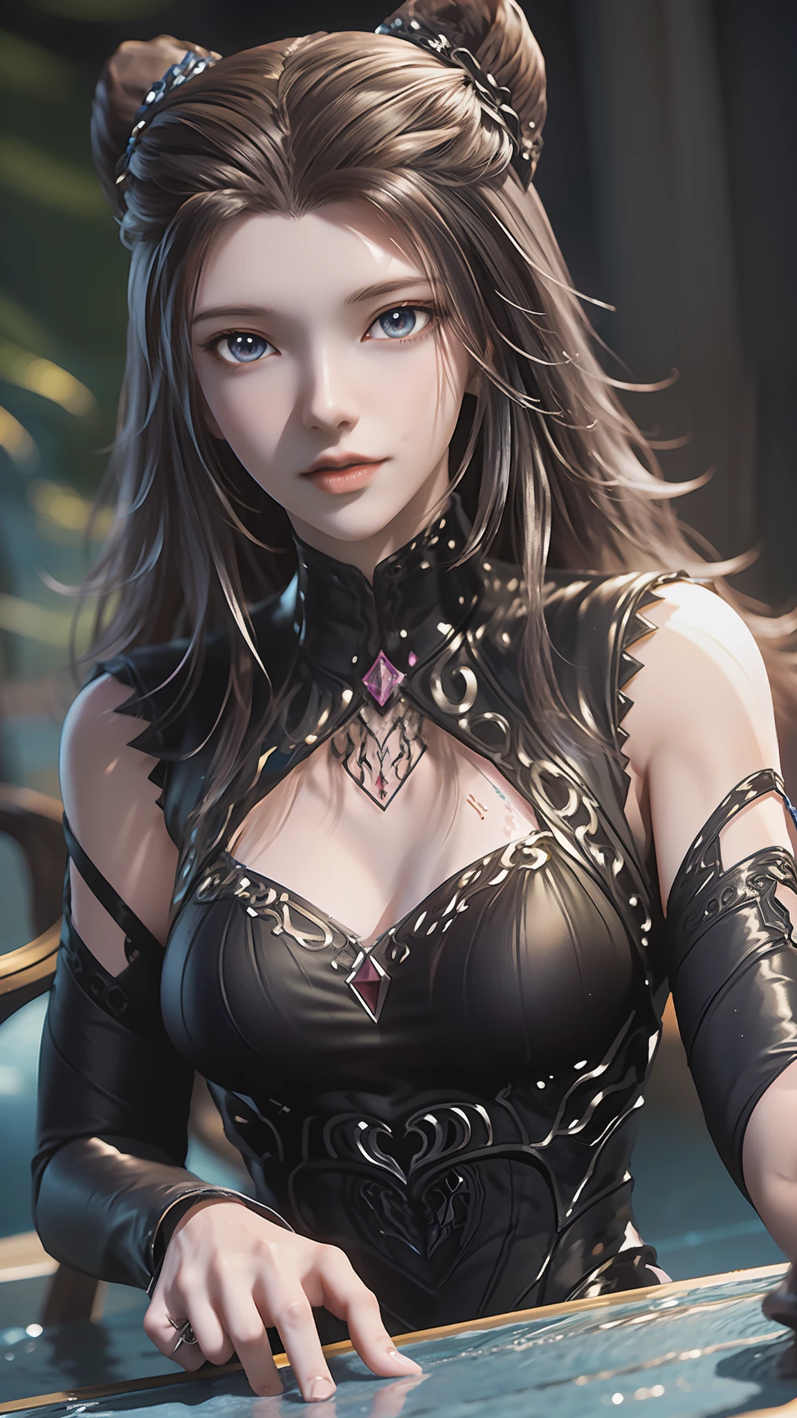 8k,Best Quality, masterpiece, ultra high resolution, (photorealistic:1.4), Photo and gross, (Genuine leather texture:1.3), (film grain:1.3),1 beautiful girl,Zhu Zhuqing, 24 year old woman with a height of 1,78 meters. He has black hair,a well developed figure, but at the same time slim, highlighting her big breasts and small waist.. white and delicate skin His eyes are light black and intelligent , and his expression is indifferent. as a garment she uses cat ears ornament .Whole body