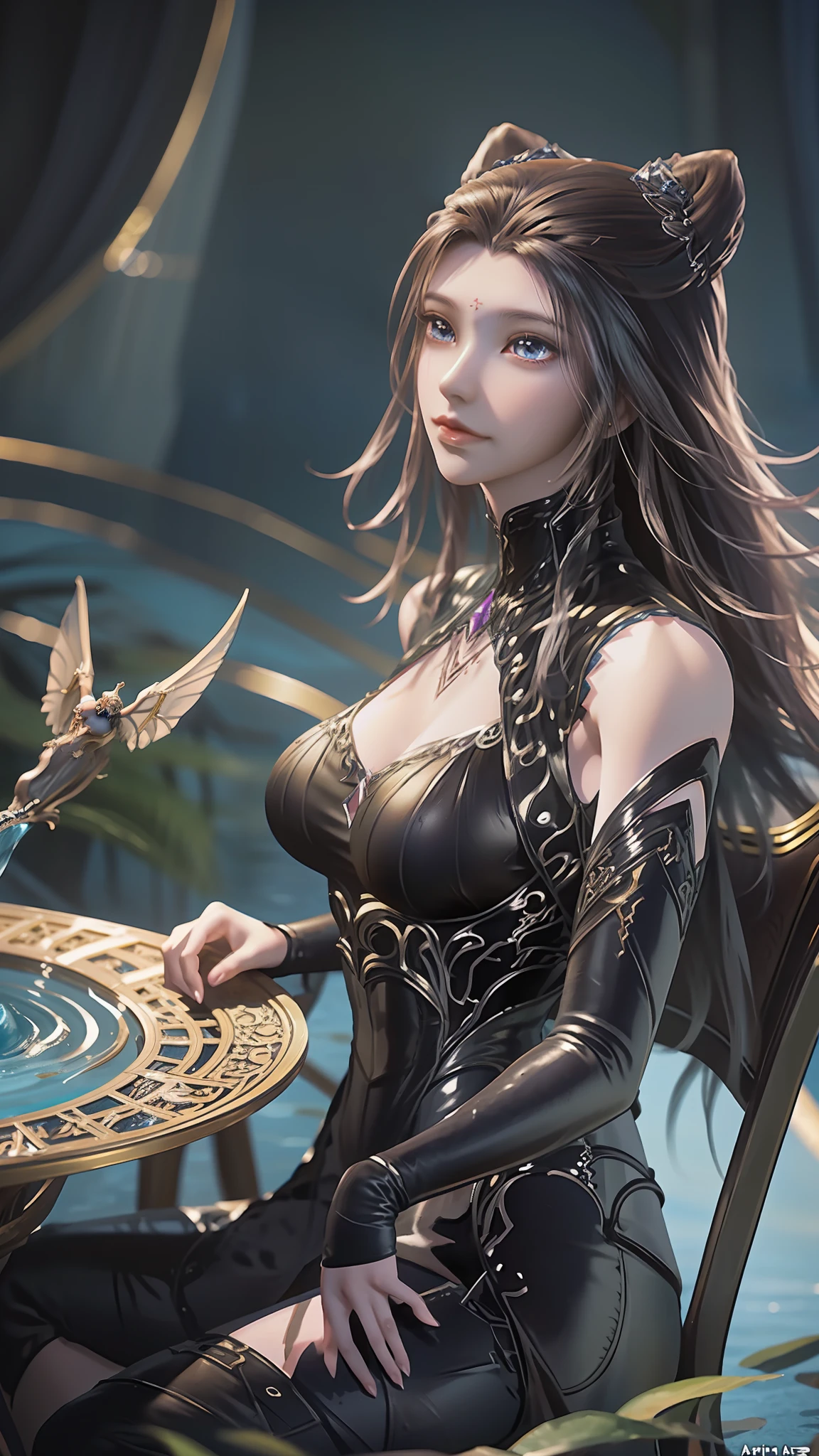 The Arad woman in the dress sits at the table, closeup fantasy with water magic, 2. 5 D CGI anime fantasy artwork, Anime fantasy illustration, Detailed digital anime art, beautiful fantasy anime, Smooth anime CG art, Anime fantasy artwork, 8K high quality detailed art, Realistic anime 3 D style, ultra detailed water, beautiful and seductive anime woman