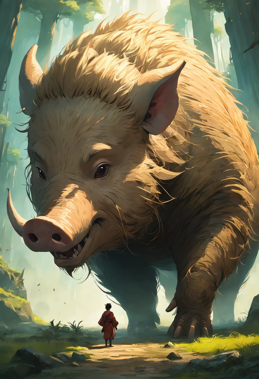 This is a surreal 32K China、Portrait of the mythical beast wild boar,Capture every pore and texture with delicate texture and form,A huge wild boar with golden stripes,Pig's Nose,Contrast with the surrounding landscape,((Super massive)),green color,In the background are the sky,huge tusks,Unreal Engine5,Dreamy scenes,Shocking。Refer to Stephen Chow's movie《Journey to the West》