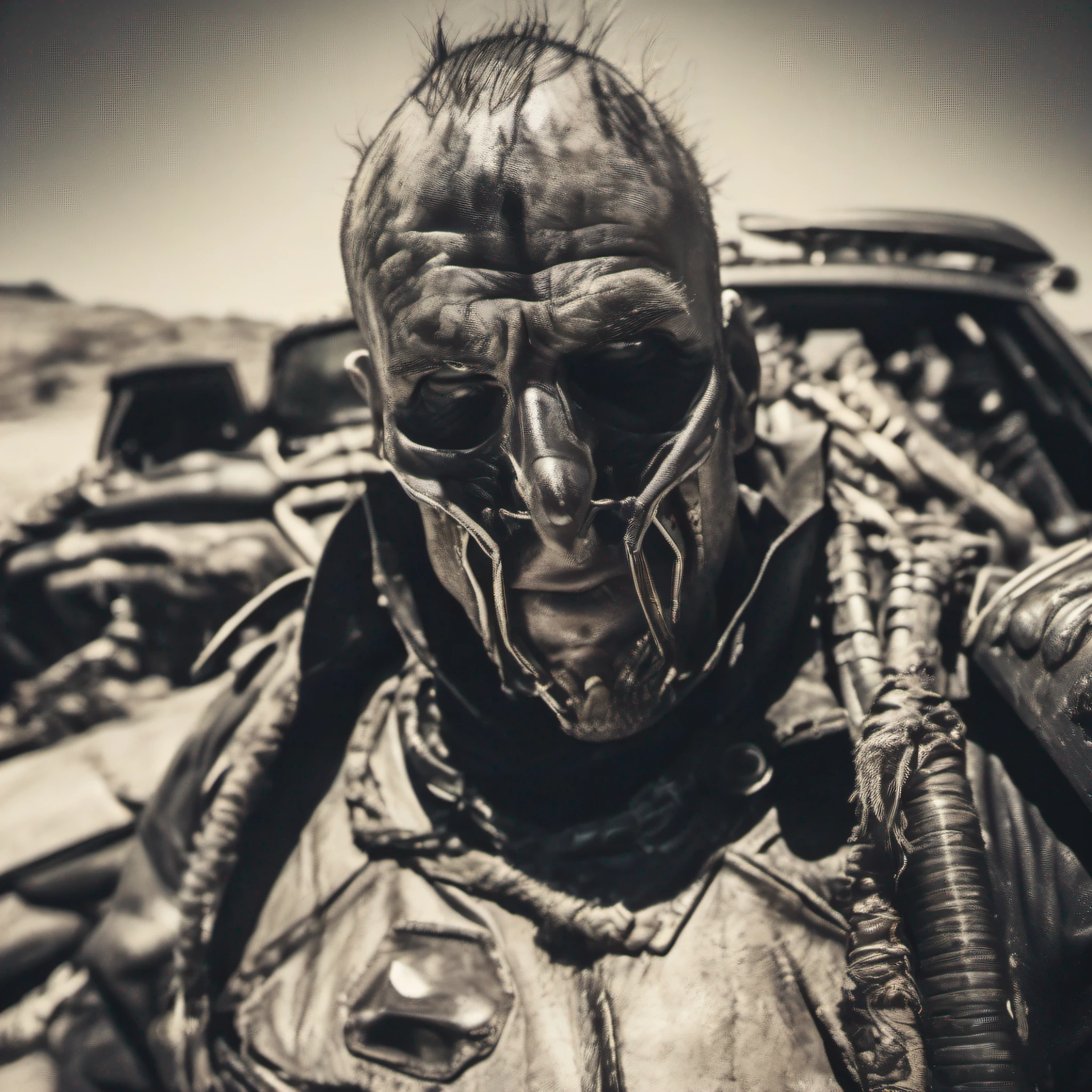 postapocalypse  warrior, skull, skeleton, mech, cybertech, 4k, highest quality,grunge aesthetics, grunge textures, washed out colors