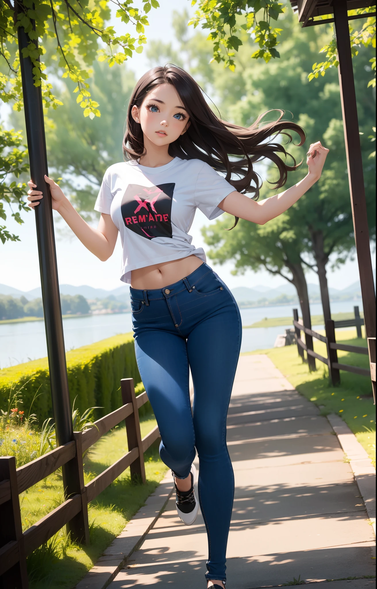 masterpiece, extremery magnificent view, perspective, extremery best quality, extremery detailed CG, 8k wallpaper, high resolution, highly detaiiled face, highly detailed eyes, perfect anatomy,super detailed skin,
(dynamic angle, dynamic pose:1.2), outdoors, park, tree and lake, (portrait, legs focus, full body, ), (beautiful face, beautiful eyes, beautiful legs:1.3),
1 girl, solo, (t-shirts, skinny jeans:1.3), medium breasts, brown hair, long hair, floating hair, wavy hair, blue eyes, (navel, :0.8), posing, skinny, slender