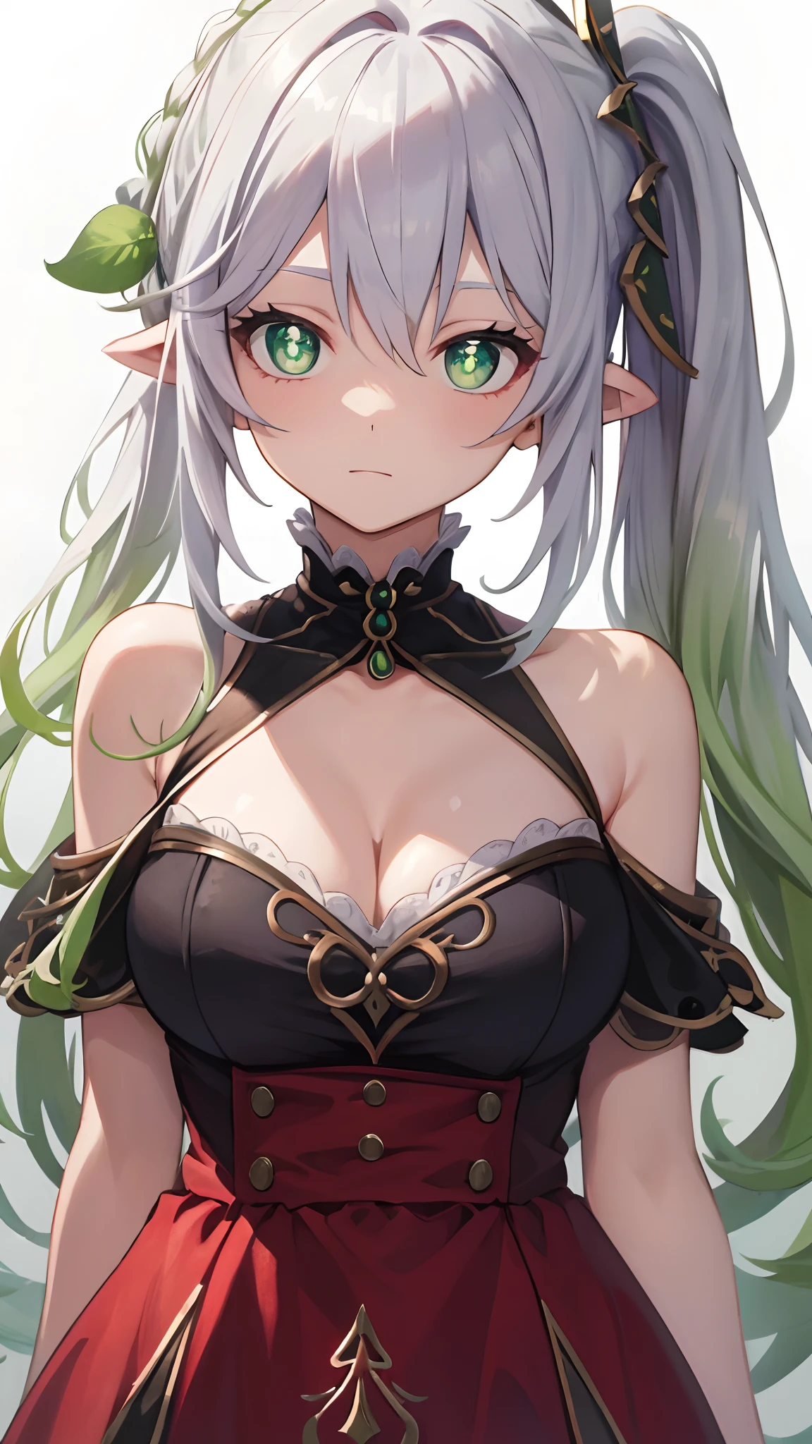 tmasterpiece，best qualtiy，Fine and detailed，A high resolution，Extremely Delicately Beautiful，（whaite hair），Close-up Shot Shot，（Green eyes），Be red in the face，cleavage，Off-the-shoulder attire， photo，perfect bodies，