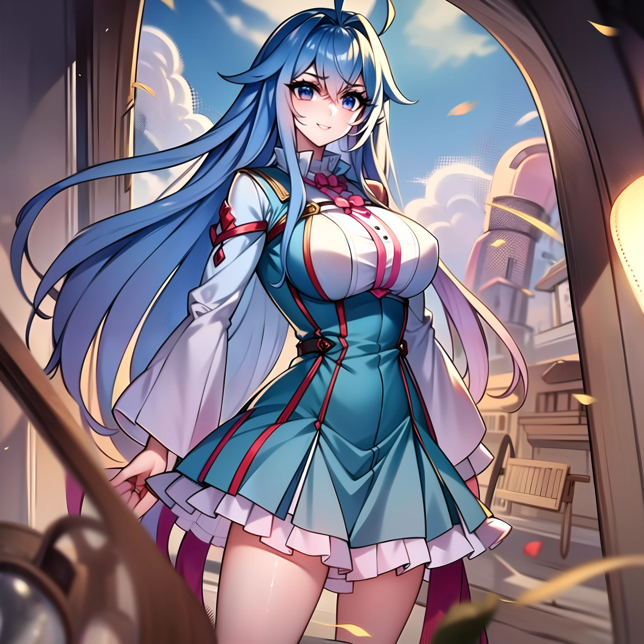 (masterpiece: 1.2),  best quality, ultra high res, shiny skin, mature female, fashi-g, ultra high res, perfect anatomy, best shadow, best quality, ((1girl, solo)), hair ornament, very long hair, huge breasts, smile, looking at viewer, very long hair, long sleeves, blue eyes, blue hair, bangs, hair between eyes, short dress, high boots, flower, cloudy sky, full body