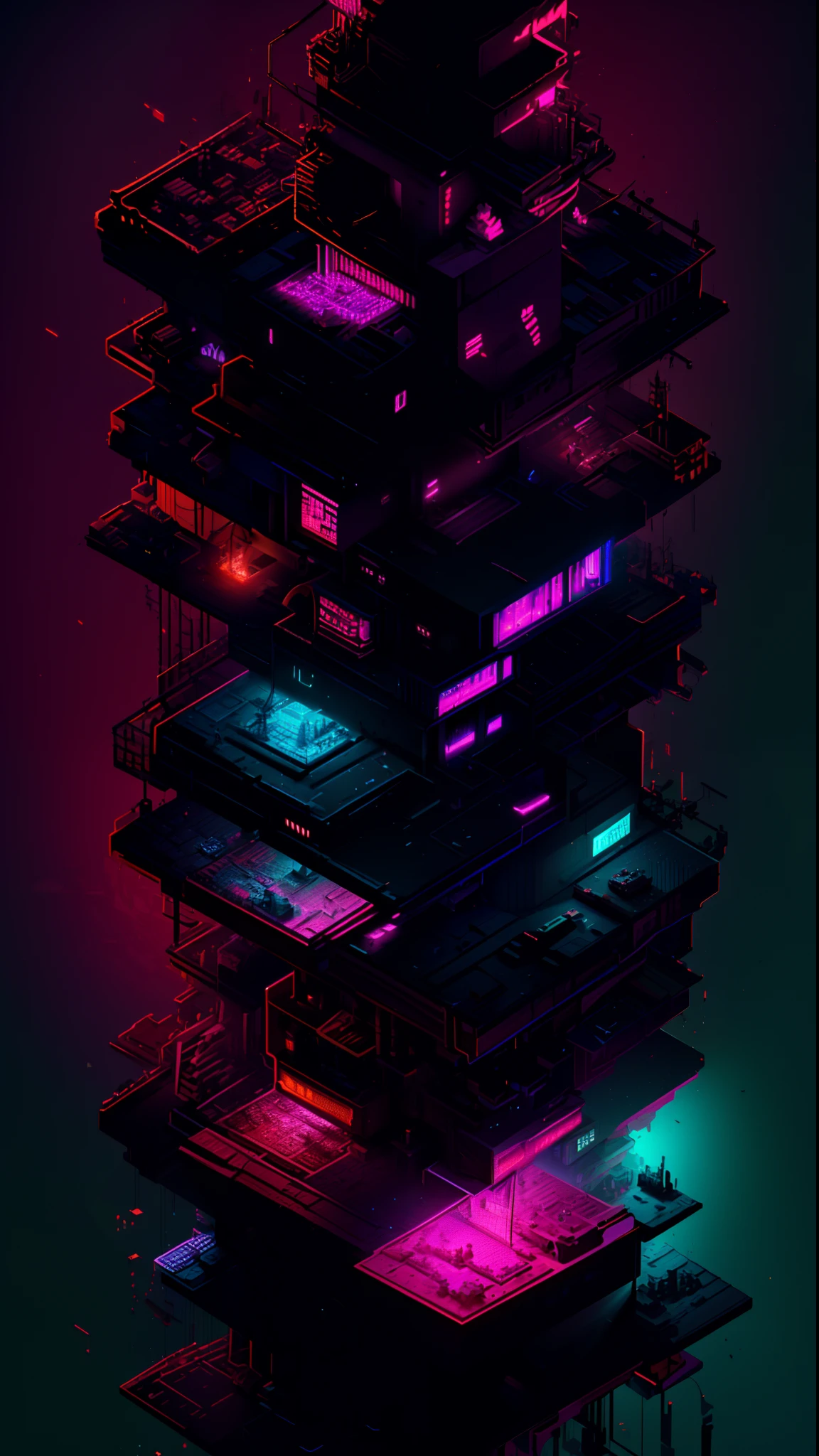 ((Best quality)), ((masterpiece)), (highly detailed:1.3), 3D,(Isometric:1.4),No Humans,StackedCityAI, Welcome to NeoCircuit, a sprawling megacity where neon-lit skyscrapers pierce the night sky and luminescent circuitry weaves through every facet of life. In this isometric cyberpunk metropolis, where reality intertwines with the digital realm, you find yourself at the heart of a thrilling conspiracy.As you navigate the dizzying streets, your eyes are drawn to the mesmerizing glow of the elevated data highways that crisscross the cityscape. Streams of vibrant light pulse with information, connecting the denizens of NeoCircuit to a world of limitless possibilities. The isometric view reveals the city's intricate layers, showcasing the bustling streets, towering arcologies, and clandestine alleyways that hide both secrets and opportunities.But within this neon-lit labyrinth, something sinister lurks in the shadows. The city's power brokers, elusive hackers, and corrupt corporations vie for control, employing advanced technology to manipulate the city's inhabitants. A powerful AI, known as the Oracle, pulls the strings from the depths of cyberspace, its true intentions veiled in enigma.You, an unlikely protagonist, possess unique skills that make you a target and a potential savior. Equipped with a cutting-edge neural implant and augmented reality interface, you possess the ability to unravel the city's mysteries and expose the truth behind NeoCircuit's dark underbelly. The isometric perspective captures the city's sprawling complexity, offering glimpses into hidden corners and secret hideouts, each holding clues to the grand puzzle that awaits.As you delve deeper into the neon-drenched underworld, you encounter a diverse cast of characters, each with their own motivations and agendas. Street-level hackers, rogue operatives, and enigmatic rebels become your allies and adversaries in this high-stakes game of survival. The isometric view allows you to strategize your ever