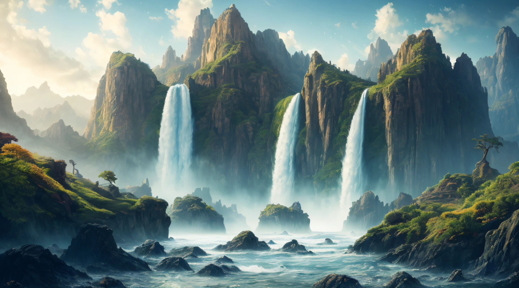 Masterpiece, best quality, high quality, extremely detailed CG unity 8k wallpaper, landscape, outdoor, sky, clouds, sky, no humans, mountain, landscape, water, tree, blue sky, waterfall, cliff, nature, lake, river , cloudy skies, award winning photography, bokeh, depth of field, HDR, bloom, chromatic aberration, photorealism, very detailed, trending on artstation, trending on CGsociety, intricate, high detail, dramatic, half way art