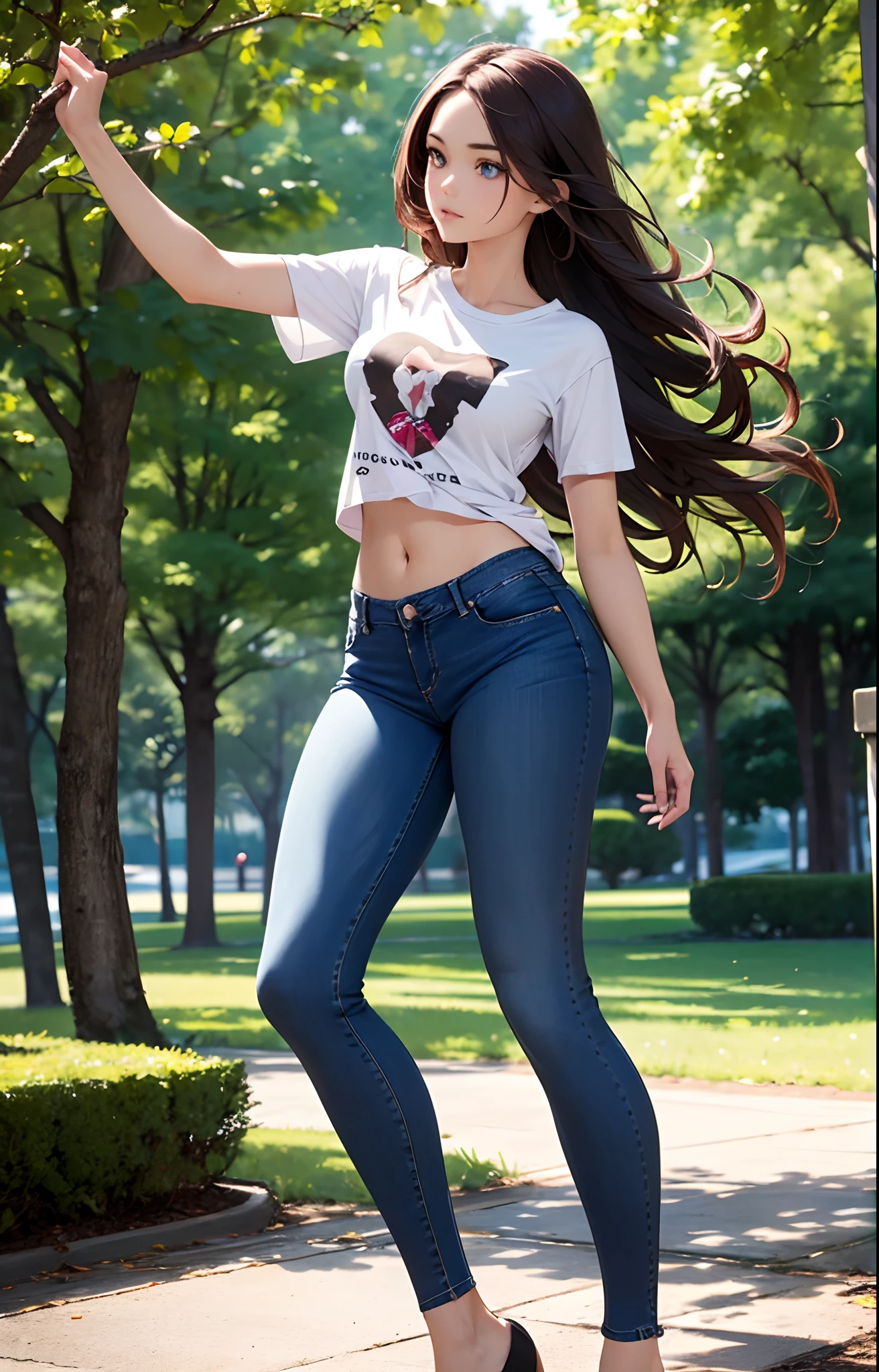 masterpiece, extremery magnificent view, perspective, extremery best quality, extremery detailed CG, 8k wallpaper, high resolution, highly detaiiled face, highly detailed eyes, perfect anatomy,super detailed skin,
(dynamic angle, dynamic pose:1.2), outdoors, park, tree and lake, (portrait, legs focus, full body, ), (beautiful face, beautiful eyes, beautiful legs:1.3),
1 girl, solo, (t-shirts, skinny jeans:1.3), medium breasts, brown hair, long hair, floating hair, wavy hair, blue eyes, (navel, :0.8), posing, skinny, slender