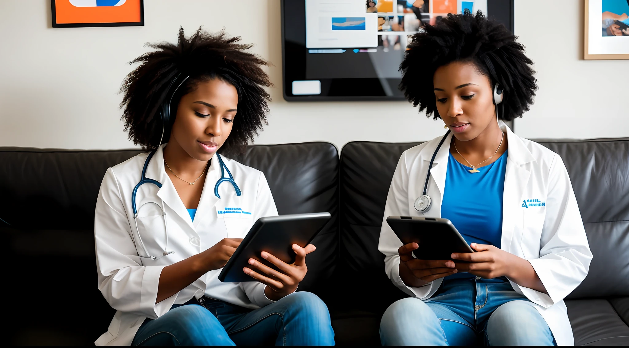 Modern learning: A young Afro American woman doctor engaged in virtual learning, wearing headphones while watching an educational video on her tablet, Panasonic Lumix GH5 with 12-35mm f/2.8 lens, controlled lighting, e-learning photography.