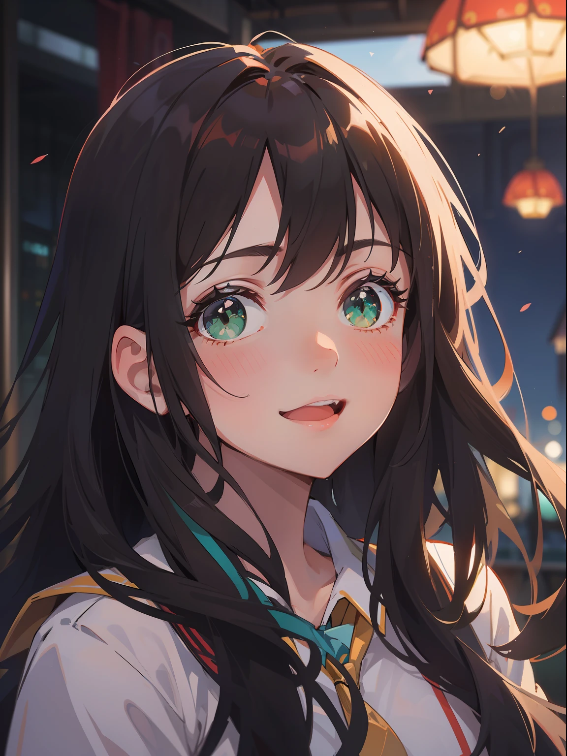 (masterpiece), (best quality), ultra high res, sharp focus, ((1 woman, solo)), (in the balcony of mall), (at the night:1.2), upper body, medium long shot, MLS, beautiful detailed hair, chestnut brown hair, long hair tumbles down, beautiful detailed face, ((beautiful shape eyes, green eyes)), perfect feminine face, look at the viewer, comfortable face, smiles, blushing, feminine casual outfit --style raw