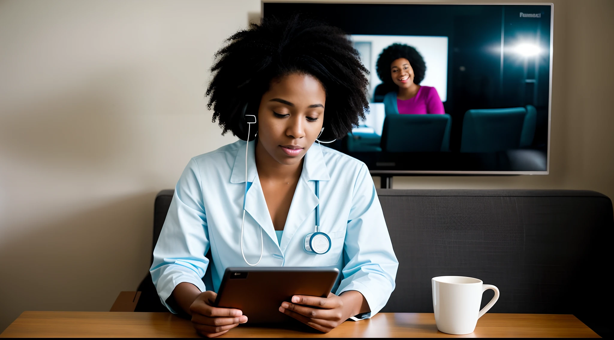 Modern learning: A young Afro American woman doctor engaged in virtual learning, wearing headphones while watching an educational video on her tablet, Panasonic Lumix GH5 with 12-35mm f/2.8 lens, controlled lighting, e-learning photography.