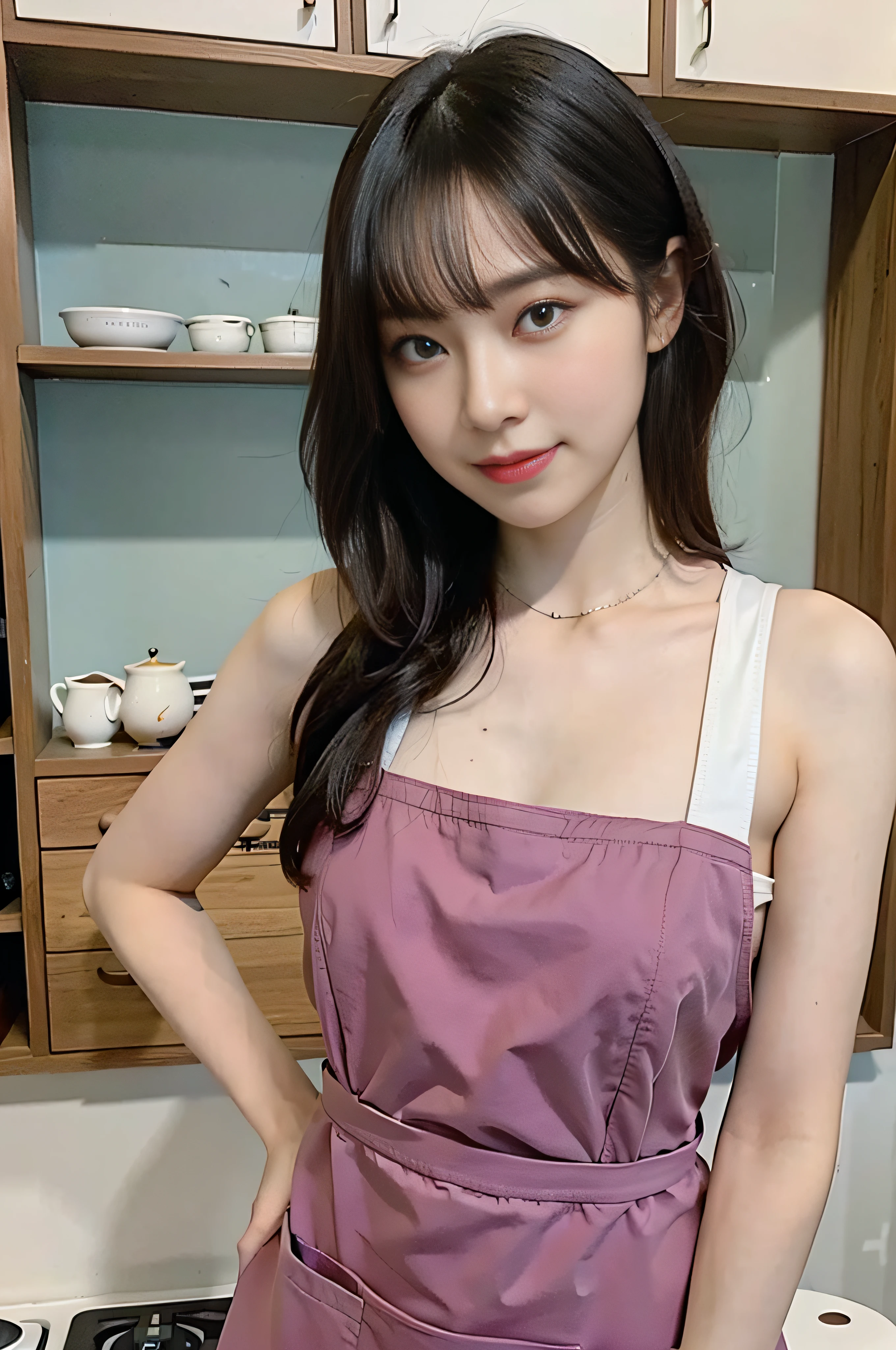 A woman cooking、(kitchin_aprons:1.Wear 3)、nice hand、4K、A high resolution、tmasterpiece、top-quality、wear cap:1.3、((hasselblad photograph))、Fine skin、foco nítido、(lighting like a movie)、Soft lighting、dynamic ungle、[:(详细的脸:1.2):0.2]、Medium chest、Sweat runs down the skin:1.2、(((In the kitchen))) Cute smile　Viewer's perspective　Colossal tits　tying  hair　Sleeveless　Extend your upper arm　Shoulders sticking out　cleanness　big kitchen　Beautiful kitchen　Wine glasses
