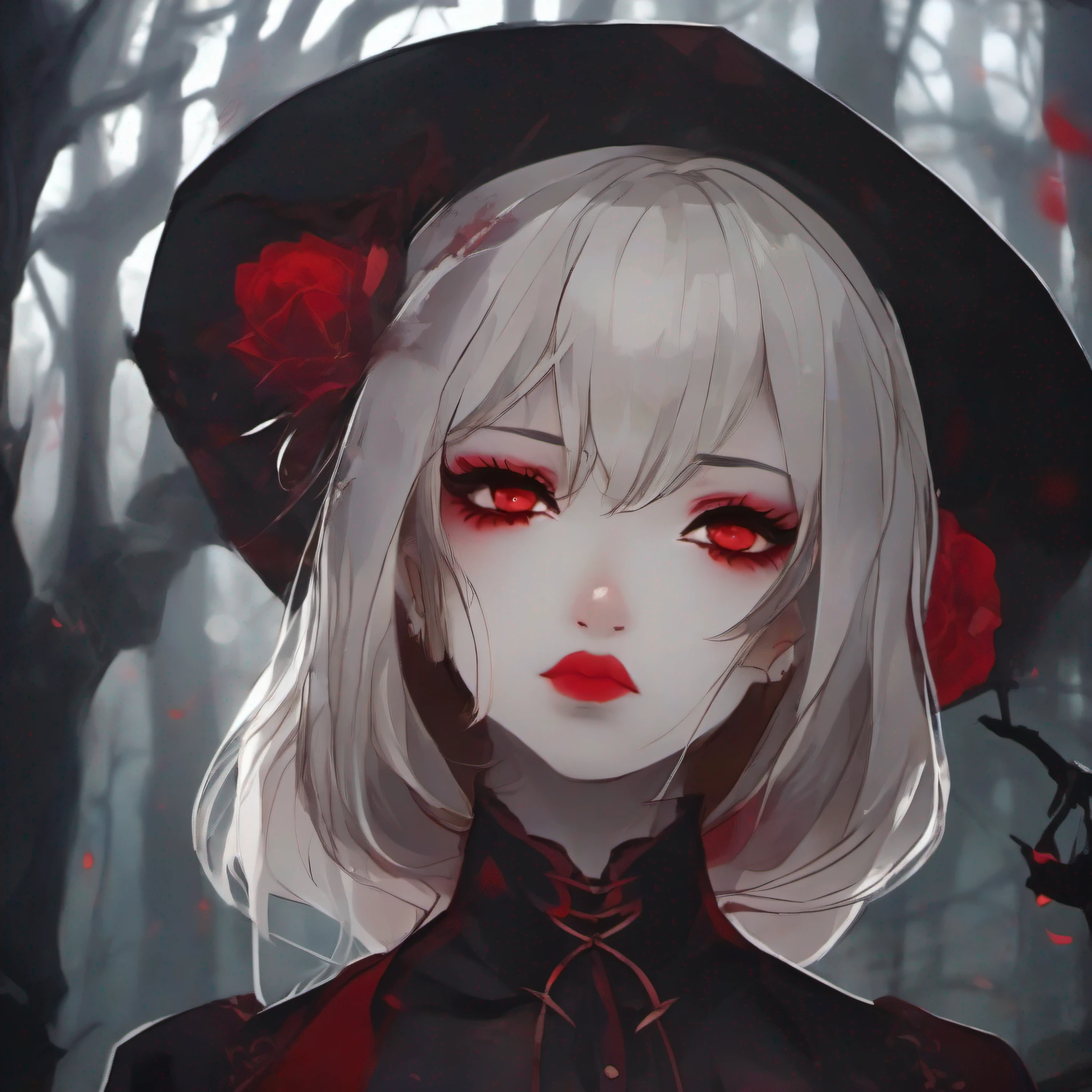 a woman vampire，Red lips with blood，Deep blood-red eyes，A figure looming in the night，Devilish beauty in a gloomy atmosphere。