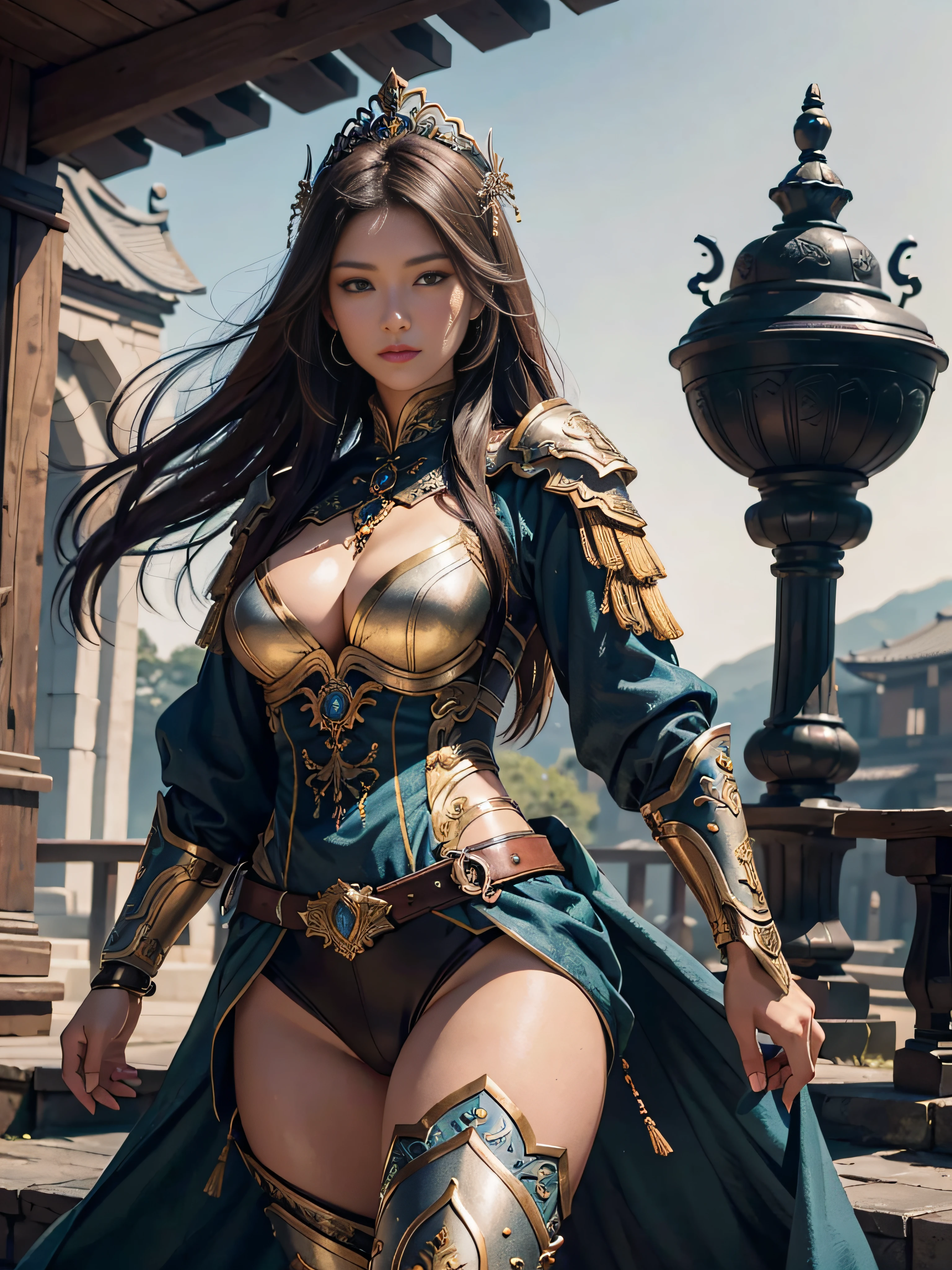 tmasterpiece，A high resolution,Absolutely beautiful，Oriental women，Eastern warriors，a mature female，Fine and detailed eyes and detailed face，Tall and tall，She wears armour，Full package，Full coverage of the armor，Armor pants，Armor boots，Show armor boots，Armails are richly decorated，Bright colors，Shogun， allure：（Tall：1.4），haughty，Mature temperament，（Wide buttock：1.4），（Thick thighs：1.4），Majesty，Rich scene detail，In the midst of the war，are standing，action