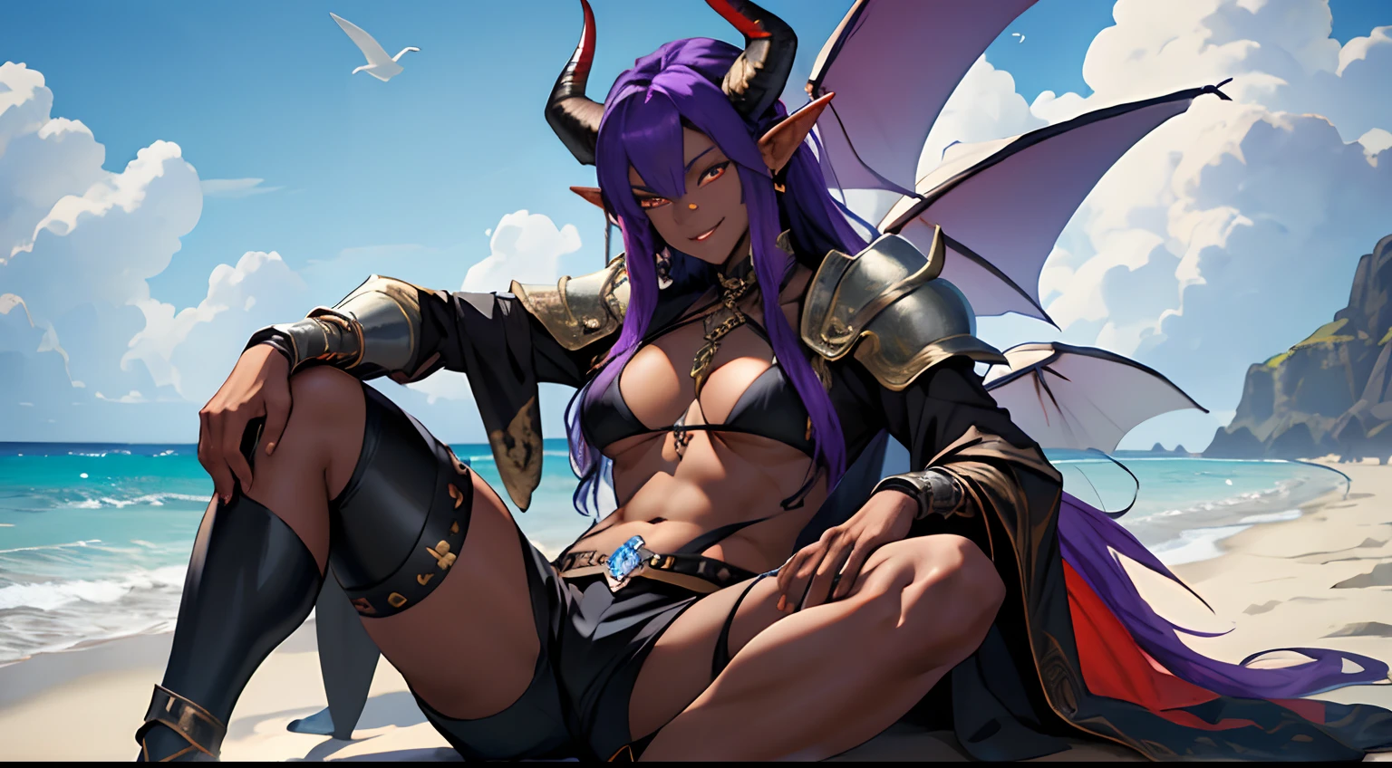 Black and purple, dragon girl, wearing fire armor , medieval, hold flaming dagger, anime, realistic, high quality, non distorted, queen of dragons, medium breats, thick waist, dark skin, looking at viewer, cloudy, sitting pose, with horns, black horns, sexy outfit, bikini, beach, dragon tail, sitting next to male elf, with beach shorts, smiling, dark skin couple together