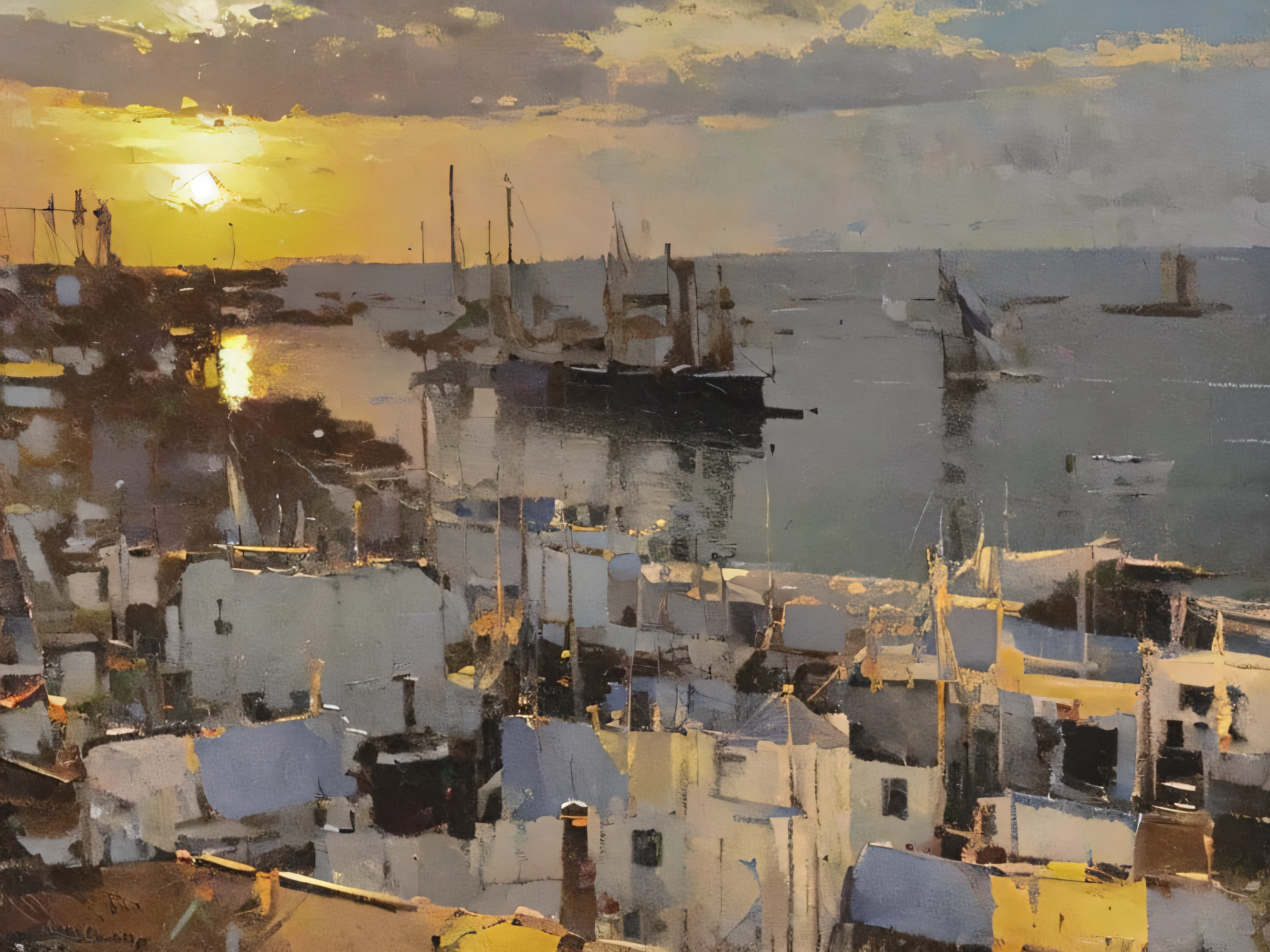 Create a vintage oil painting depicting a maritim scene. The focus should be a quiet coastal town nestled beside a tranquil sea. The town should consist of white-washed houses with red-tiled roofs, their windows reflecting the warm, setting sun. Include a cobbled street winding through the houses and leading to a small, wooden dock. Several fishing boats, their sails lowered, should be gently bobbing on the calm sea waters. In teh distance, the silhouette of a tall stands guard, its beam piercing the early evening haze. Above it all, paint a sky ablaze with the colors of the setting sun, casting long, dramatic shadows across the landscape, In the style of Jean-Louis-Ernest Meissonier.