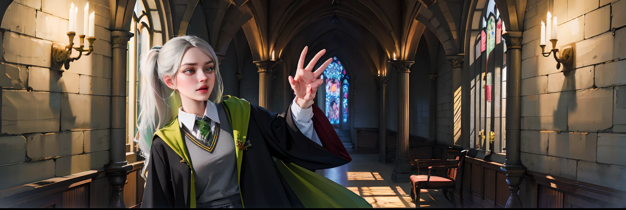 (hight resolution, Best Quality:1.2), brilliance, soft contour, a beautiful painting, Cowboy Shot, (masutepiece), 1girl in, Beautiful Girl, Hogwarts Background, Magic world mansion background, Shadow Window, Hogwarts Background, Black background, hogwarts school uniform, hogsks, Slytherin, Gray hair in a ponytail, Yellow eyes, Angry look, School Dress, Long skirt, Green tie, cool lady