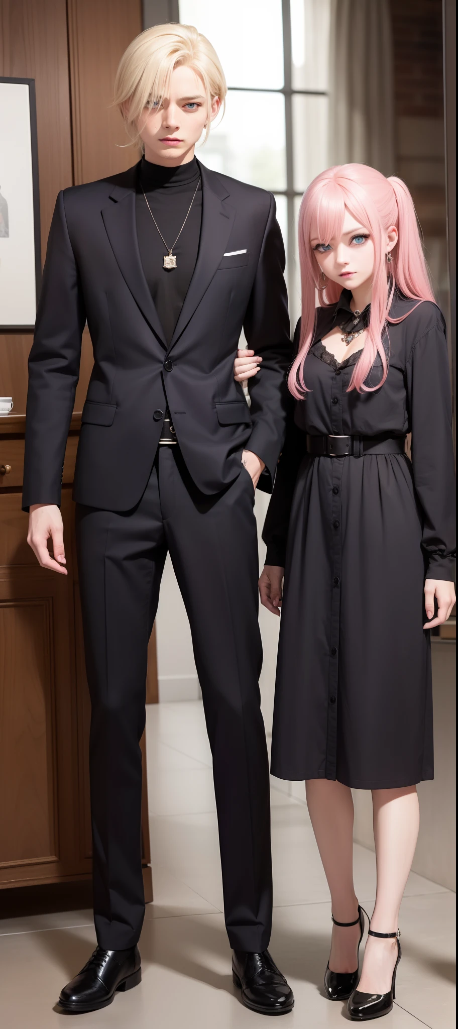 masterpiece, top-quality, 2Others, Male and female couples, 1 man and 1,, Adults, Height difference, different color, finely eye and detailed face, intricate detailes, Wizarding World Costumes, Inside the coffee shop, Hands on back, During the walk, A smile, Happiness, tenderness, youthfulness, high-level image quality、 Beautiful men and women、tall、window、𝓡𝓸𝓶𝓪𝓷𝓽𝓲𝓬、British men, Idol Photos, k pop, Professional Photos, Vampires, Fedoman with necklace, inspired by Sim Sa-jeong, androgynous vampire, :9 detailed face: 8, extra detailed face, detailed punk hair, ((asa)) baggy eyes, Seductive. Highly detailed, semi realistic anime, Vampires, hyperrealistic teen, delicate androgynous prince, imvu, short hair above the ears, Man with short hair, Woman with long hair, With a man with a glaring expression, Woman with a gentle expression, ((With an Englishman with short blonde hair and light blue eyes)), ((Woman with pretty long pink hair and light blue eyes)),