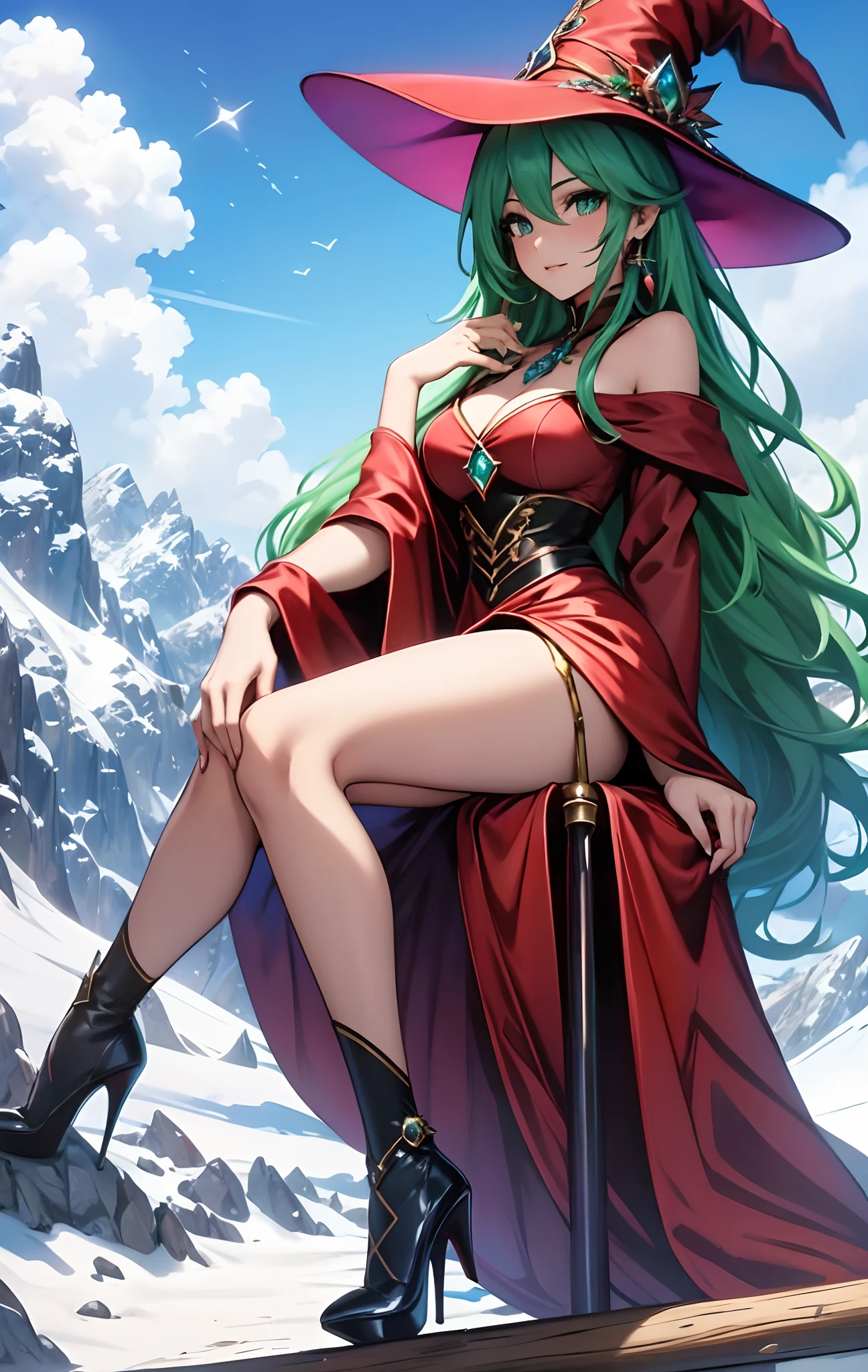 best qualityer,tmasterpiece,Ultimate resolution,downy,Extremely colorful,Colorful,Alpine background,Sky flight,Red magic robe long dress,Long flowing green hair,The Witch,a matural female,red high heel pumps,Sit on a magical broom,flight,Normal posture