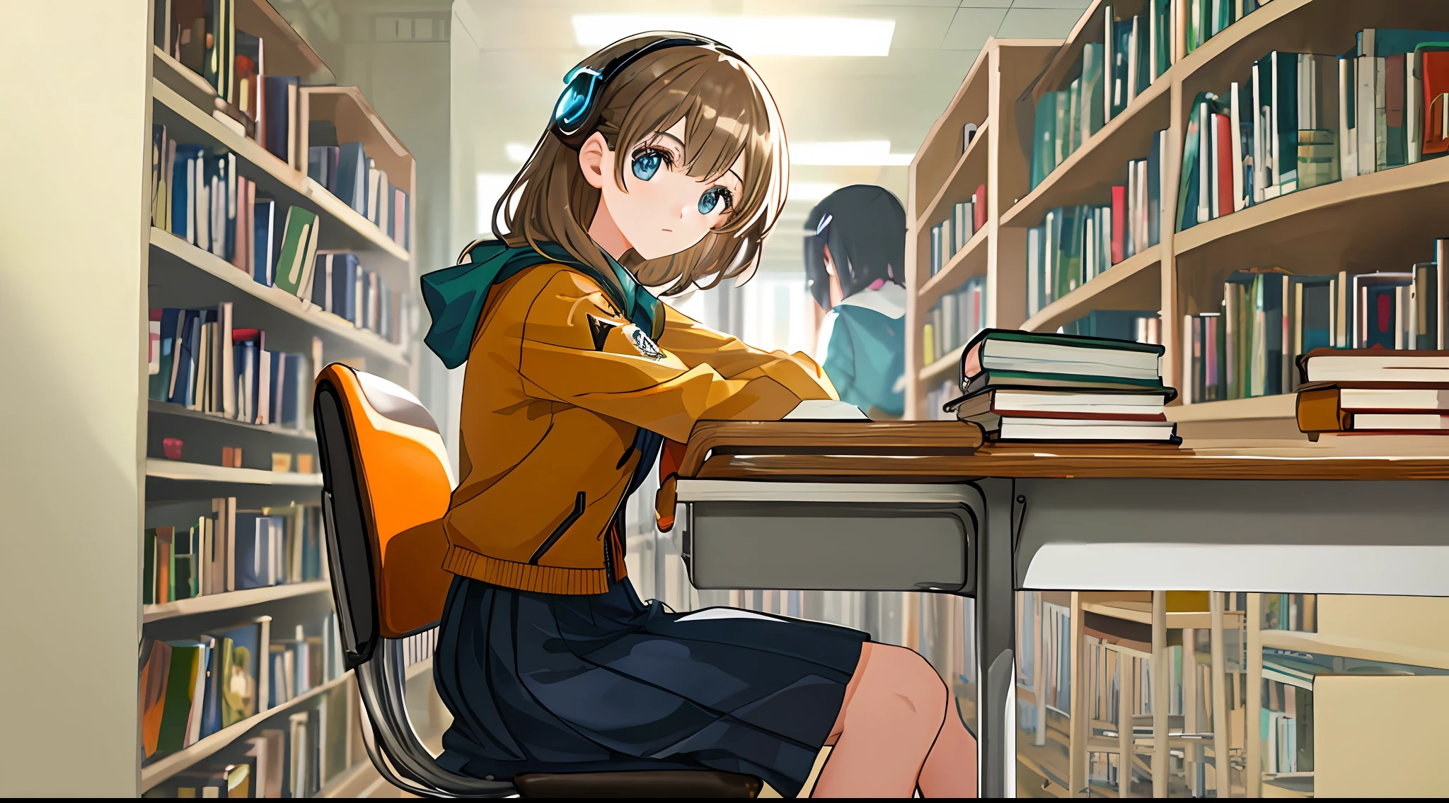 libraryai，teens girl，Pure，adolable，Sit at your desk，The background is bright