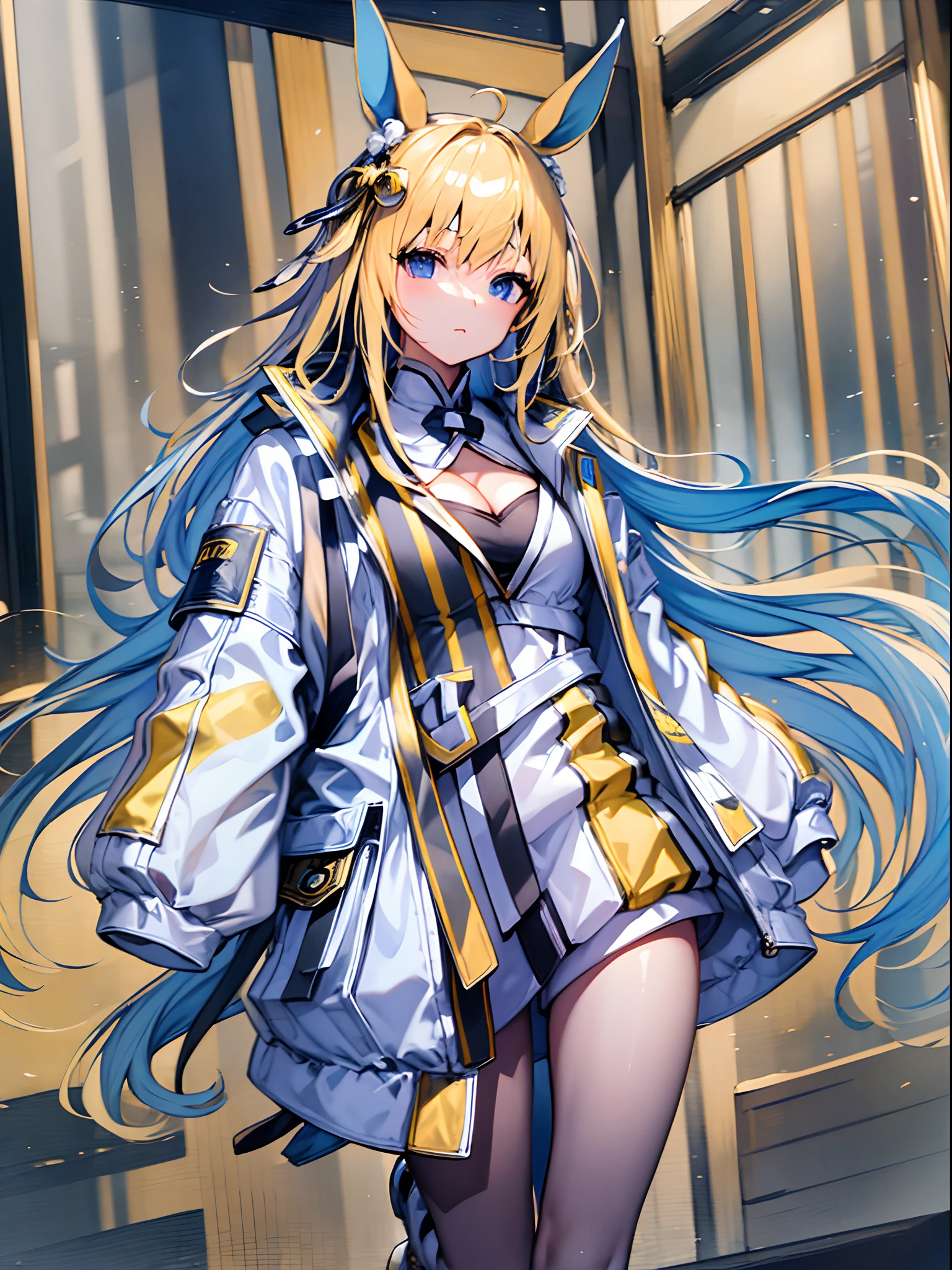 ((masterpiece))、top-quality、Neo Universe(Umamusume)、(1girl in、独奏)、(horse ear、Horse Girl)、A beautiful Blue eyes、Clear face、Blonde long hair、Single ear white cover、puffy long sleeves、sleeves past fingers、sleeves past wrists、oversize jacket、Cleavage cutouts、Clothing clippings、croptop、White jacket、Yellow jacket、Two-tone jacket、White leotard inside、long boots、a closed mouth