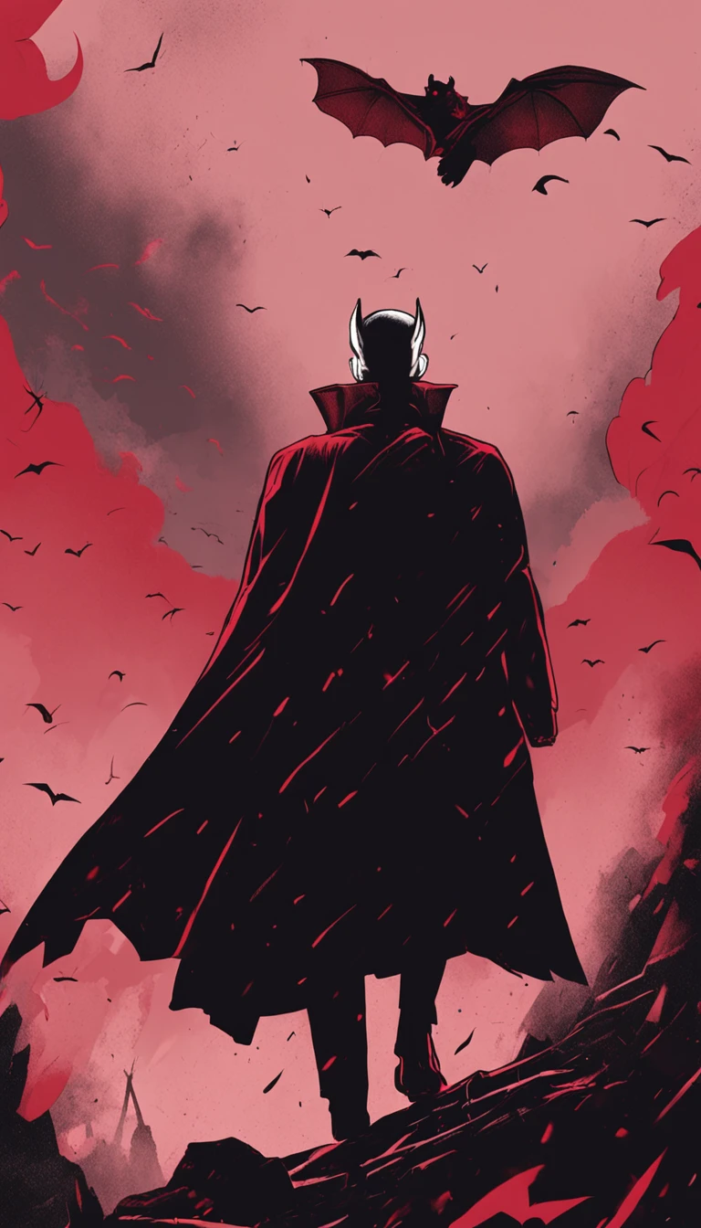 Nosferatu, the prince of the night in a black coat,red color eyes,Bats flying around,Red sky,borgar