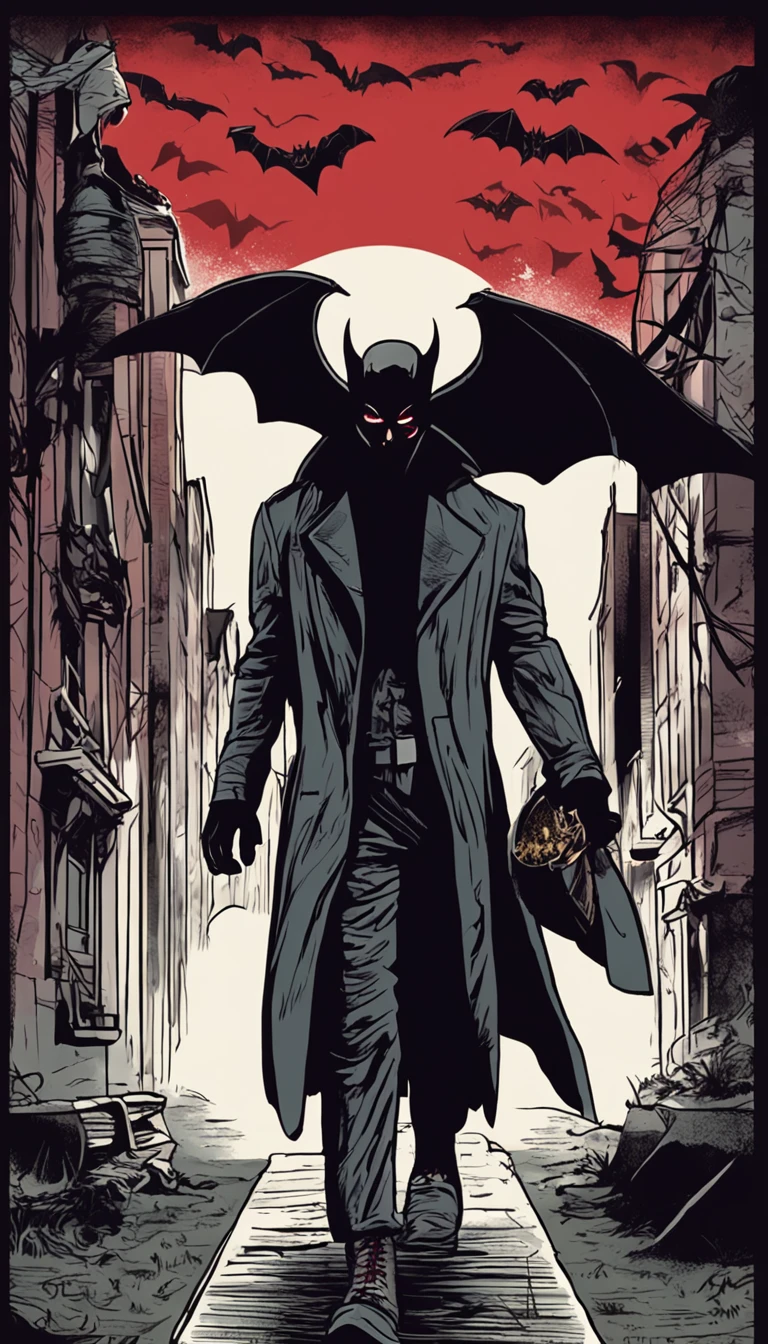 Nosferatu, the prince of the night in a black coat,red color eyes,Bats flying around,Red sky,borgar