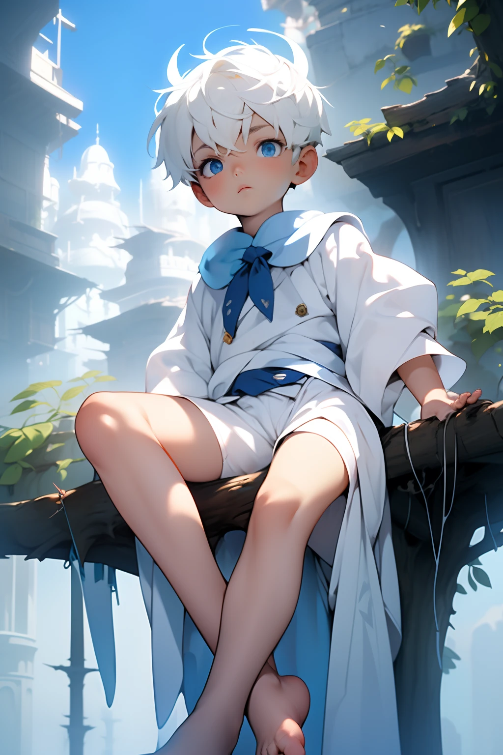 4k, (Masterpiece:1), Little boy with orange colored hair and shiny, glowing cyan eyes and barefoot, wearing divine clothes, showing his sole, epic, cinematic, young, boy, child, small, toddler, tiny feet, focus on feet, feet, blushing, (Young:1.4), (Child:1.4), (Shota:1.8), (male:1.6), (boy:1.8), (divine:1.4), (divine clothes:1.4), (epic:1.4), (foot:1.5), (train:1.4),