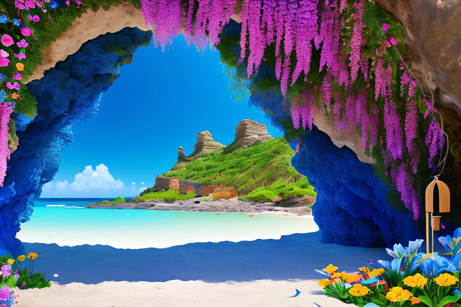 Inner cave, Cobalt Blue Ocean, fleurs, village, highly quality, highly detailed,