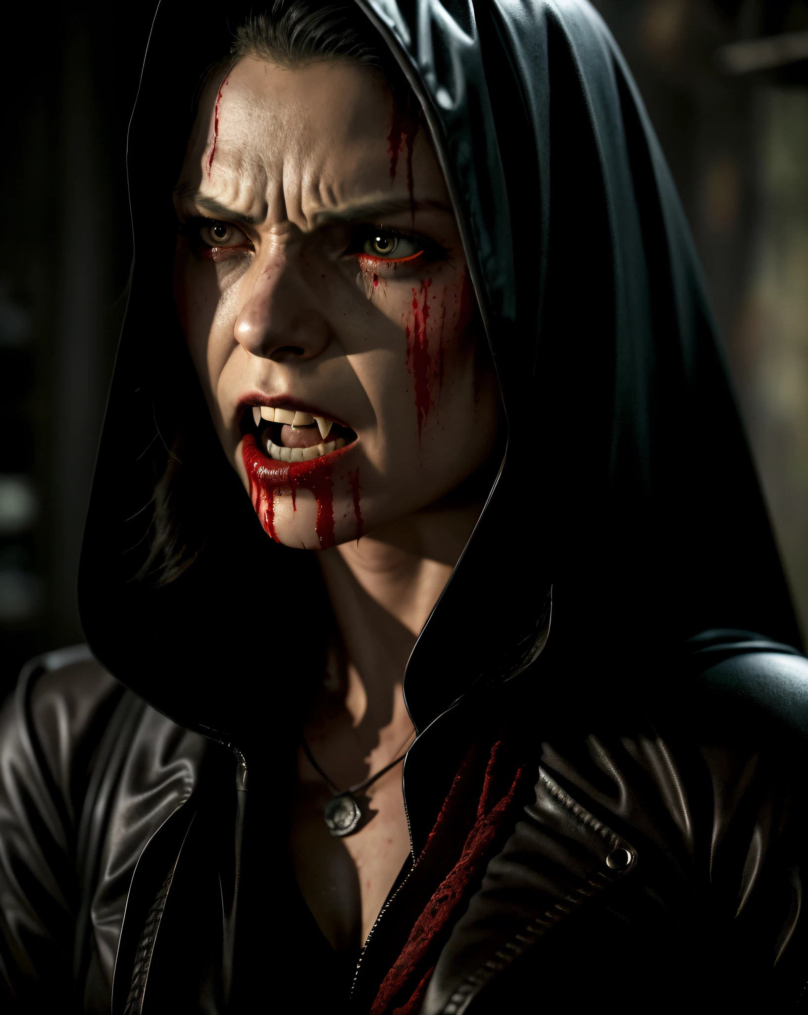 1 Female vampires，red eyes，Black hood，Cold，His mouth was covered in blood，Fang，Sharp fangs，VHS effect，（poster for：1.6），poster on wall，Nostalgia，filmposter，Western film（skin textures），intricately details，finely detailled，Hyper-detailing，Ray traching，sub surface scattering，diffused soft lighting，shallowdepthoffield，author：（Oliver Waite） CGSociety trends，复杂，high detal，Sharp focus，dramatics，The art of realist painting by Greg Rutkowski