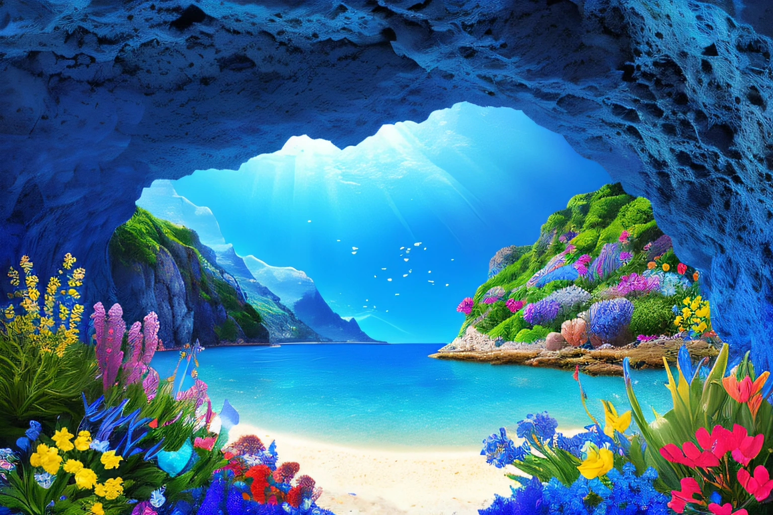 Inner cave, Cobalt Blue Ocean, fleurs, village, highly quality, highly detailed,