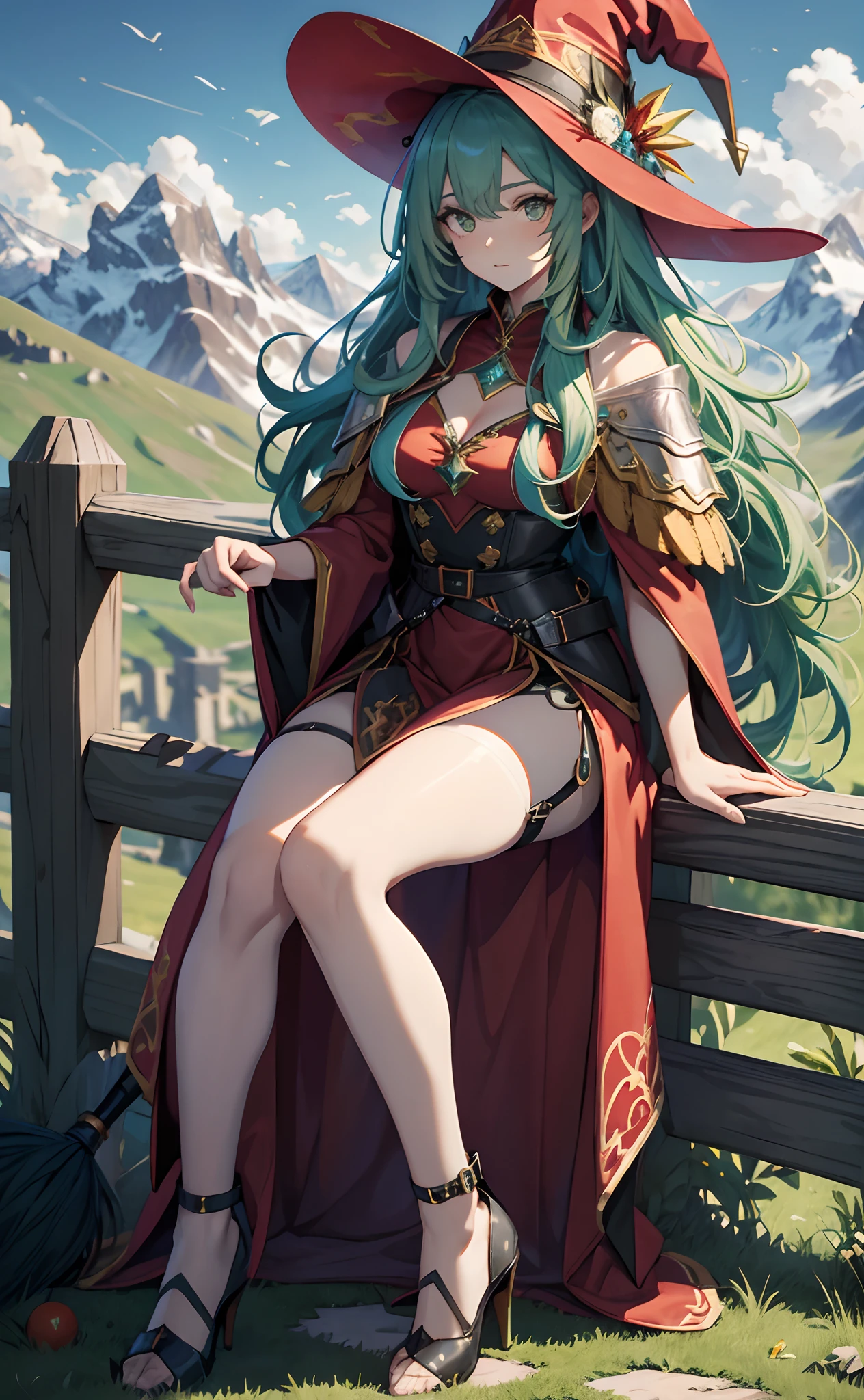 best qualityer，tmasterpiece，Ultimate resolution，downy，Extremely colorful，Colorful，Alpine background，Sky flight，Long flowing green hair，The Witch，a matural female，Red magic robe long dress，red high heel pumps，Sit on a magical broom，flight，Normal posture