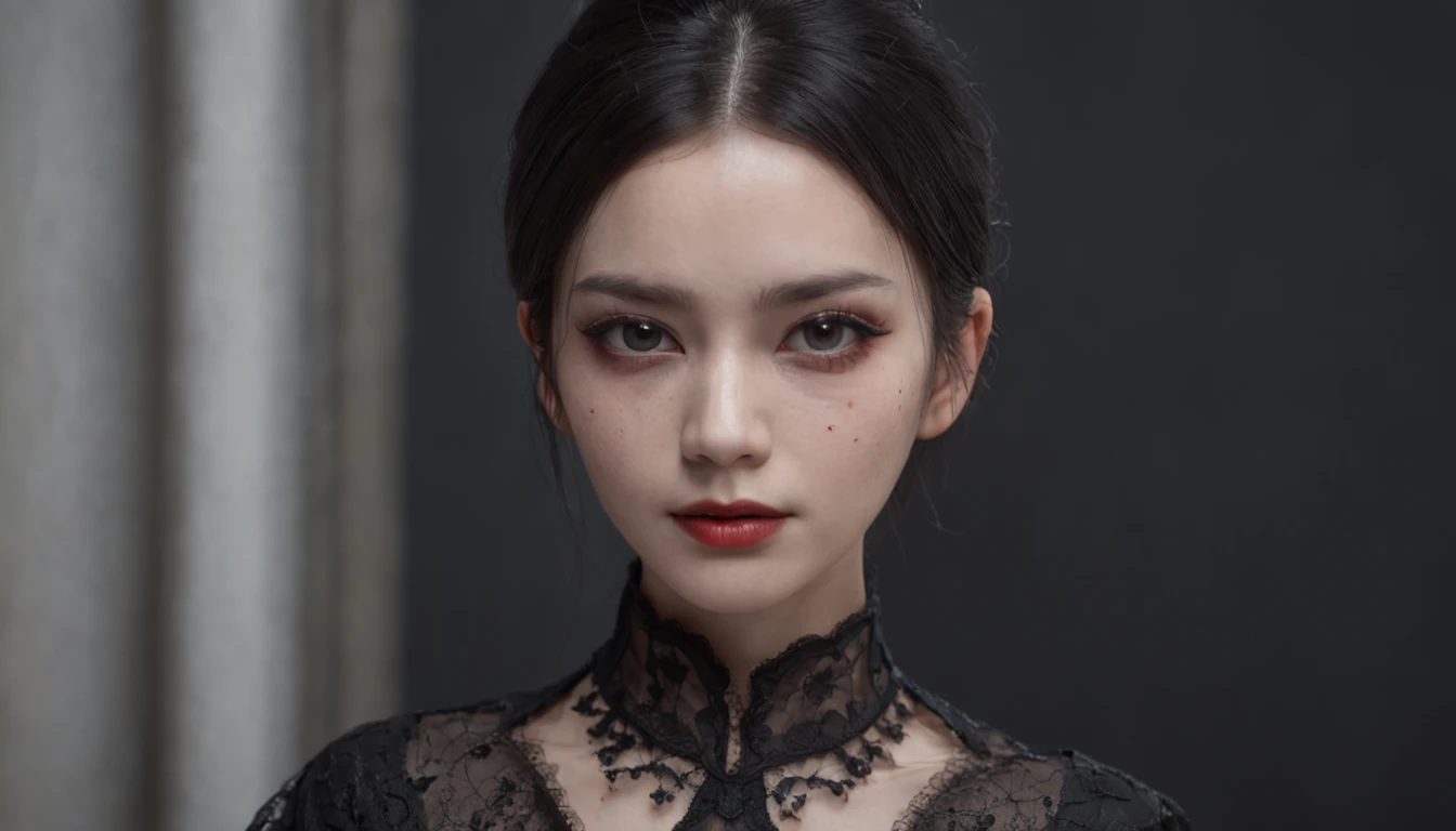 Masterpiece, best quality, 1 girl, solo,(natural skin texture, realistic black eyes and facial details：1.5),(Dark :1.4), Deep shadows, extremely detailed beauty, detailed eyes and face, sharp black eyes, red lipstick, no black eyeliner, detailed Goth costume, Ponytail, black hair, Nikon d850 film, Surreal, realistic textures, dramatic, lighting, Unreal Engine, (facial definition :1.5), (transparent dress :1.1) Gothic style, black lace, (tattoo: 1.6)