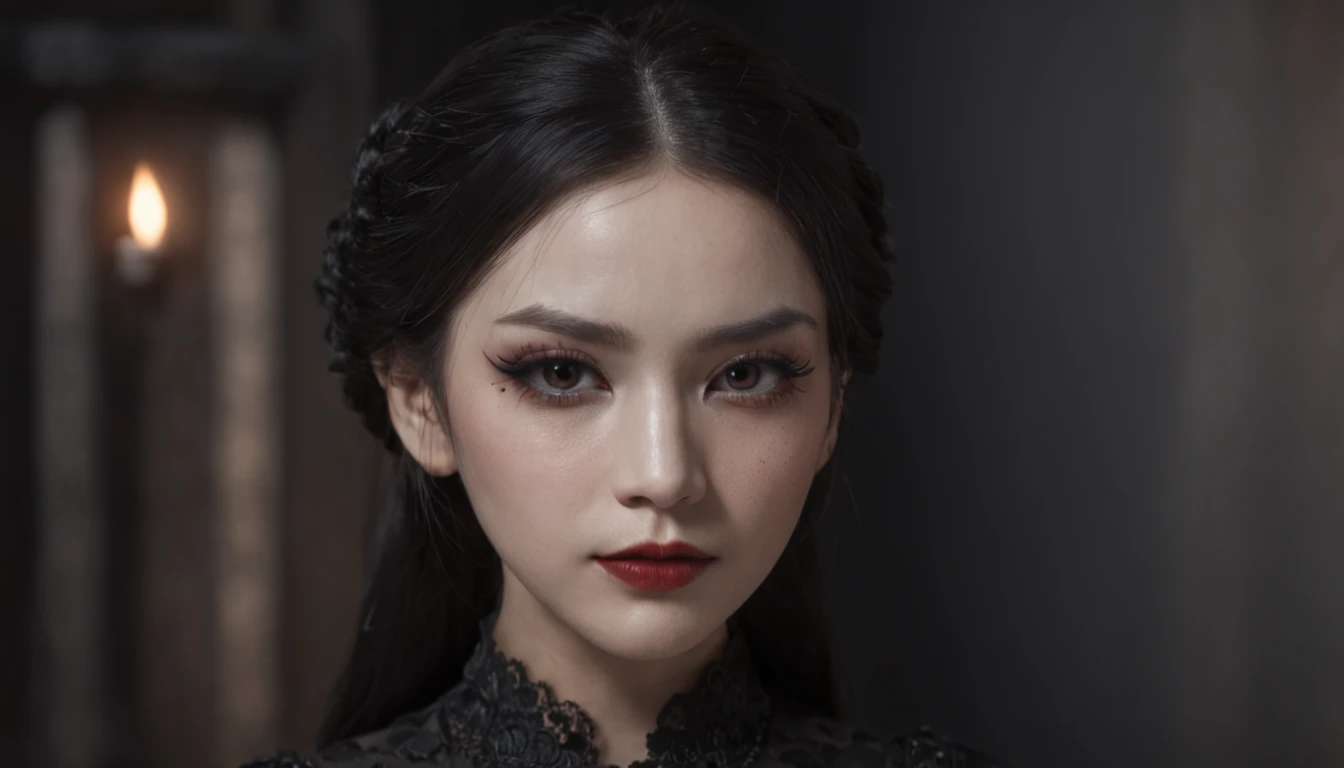 Masterpiece, best quality, 1 girl, solo,(natural skin texture, realistic black eyes and facial details：1.5),(Dark :1.4), Deep shadows, extremely detailed beauty, detailed eyes and face, sharp black eyes, red lipstick, no black eyeliner, detailed Goth costume, Ponytail, black hair, Nikon d850 film, Surreal, realistic textures, dramatic, lighting, Unreal Engine, (facial definition :1.5), (transparent dress :1.1) Gothic style, black lace, (tattoo: 1.6)