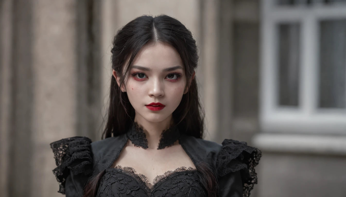 Masterpiece, best quality, 1 girl, solo,(natural skin texture, realistic black eyes and facial details:1.5),(Dark :1.4), Deep shadows, extremely detailed beauty, detailed eyes and face, sharp black eyes, red lipstick, no black eyeliner, detailed Goth costume, Ponytail, black hair, Nikon d850 film, Surreal, realistic textures, dramatic, lighting, Unreal Engine, (facial definition :1.5), (transparent dress :1.1) Gothic style, black lace, (tattoo: 1.6)