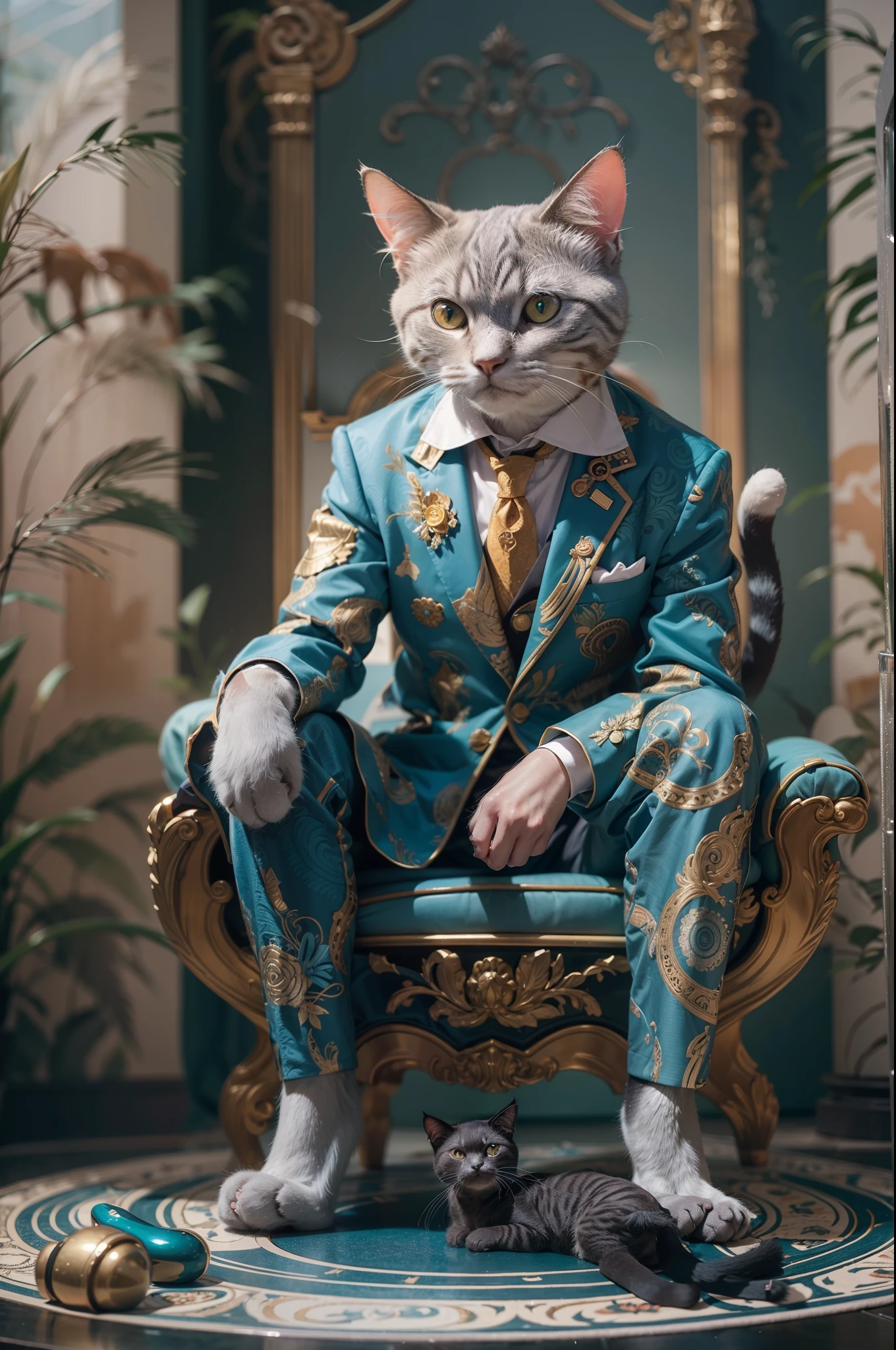 (Cat in a luxury suit、Upright cat、Humanoid cat、10th class、Full body photo、Cat deciding on a pose、Cool anthropomorphic cat)、masterpiece, top-quality, in 8K , intricate detailes, ultra-detailliert , light Particle、32K Digital Paint, Hyper-Realism, Abstract background:1.3, colourfull:1. 3, Zentangle:1.2、