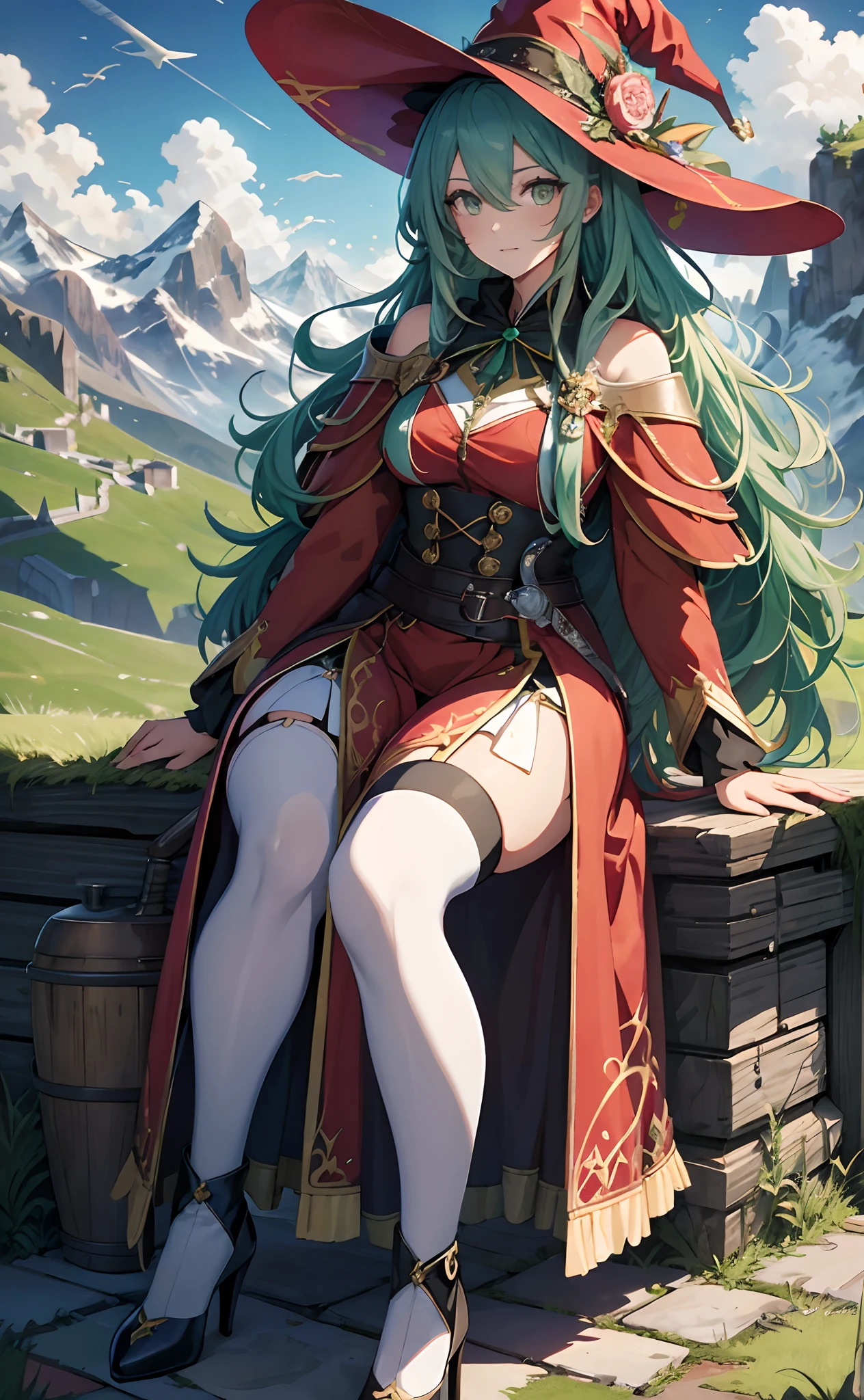 best qualityer,tmasterpiece,Ultimate resolution,downy,Extremely colorful,Colorful,Alpine background,Sky flight,Long flowing green hair,The Witch,a matural female,Red magic robe long dress,red high heel pumps,Sit on a magical broom,flight,Normal posture