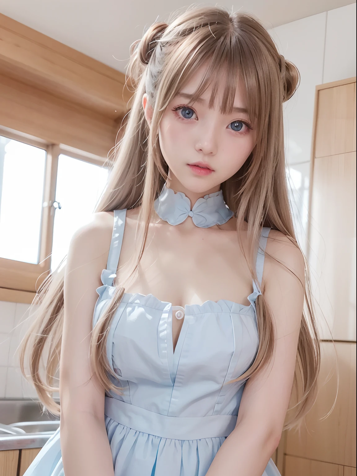 bright expression、photorealisim、top-quality、超A high resolution、a picture、Photo of an exquisitely beautiful Nordic-born girl、Detailed cute and beautiful face、(pureerosface_v1:0.008)、Beautiful bangs、alice in the wonderland、14years、Glowing white shiny skin、facial hairs、Bangs that extend to the face、bangss、Super long hair、Attractive bright natural blonde super long straight silky hair、finer hair、Attractive glowing beautiful bright clear light blue big eyes、White Apron、a blue dress、eye liner、Double eyelids、Lush bust
