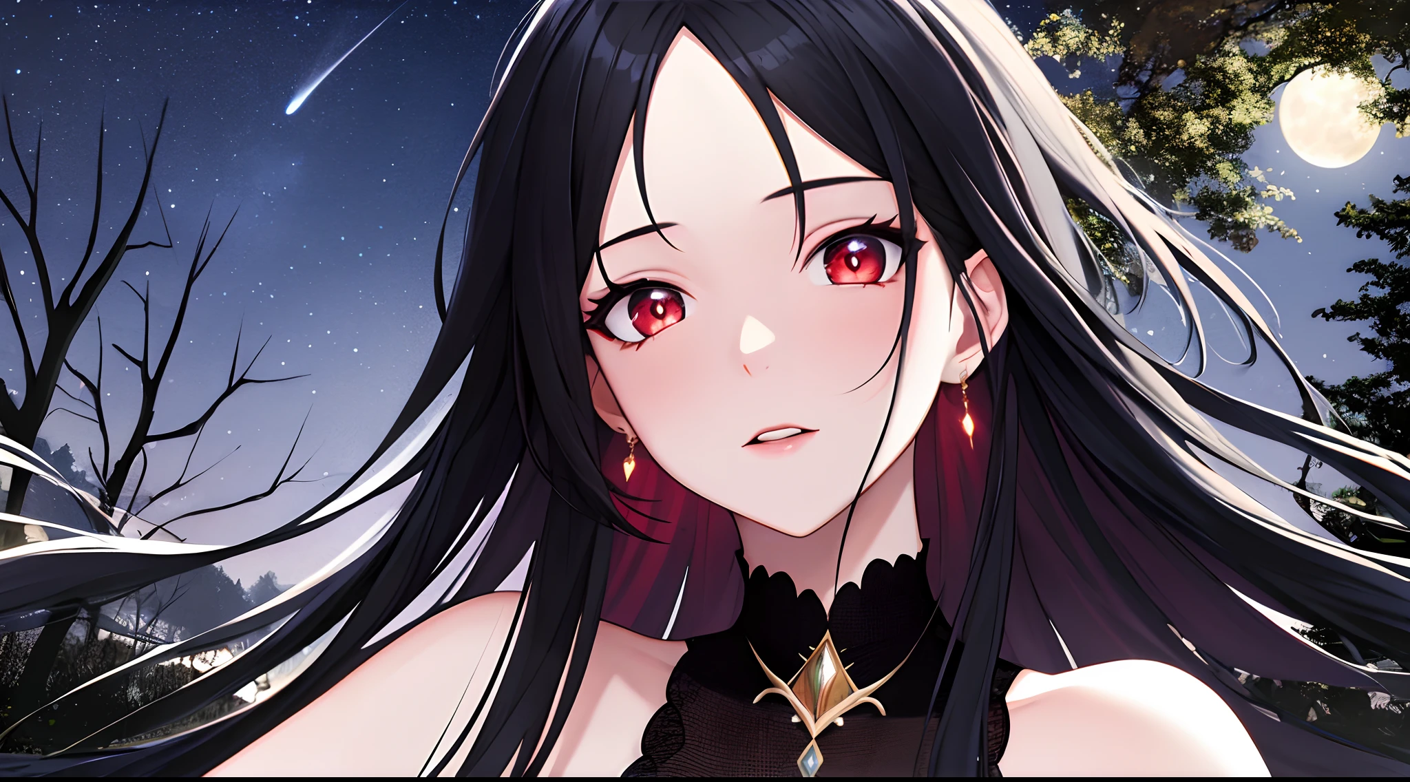 ((masterpiece, best quality, high detailed, highres, 16k, uhd)), 1girl, sharp face, lost girl, scary expression, floating hair, expressive hair, long hair, black hair, red highlights, red eyes, beautiful detailed eyes, expressive eyes, high detailed eyes, beautiful dress, soft dress, (amazing background, hyper detailed, full moon glowing in the night sky, rivers, trees, low ambient illumination but high and natural illumination by moon light)