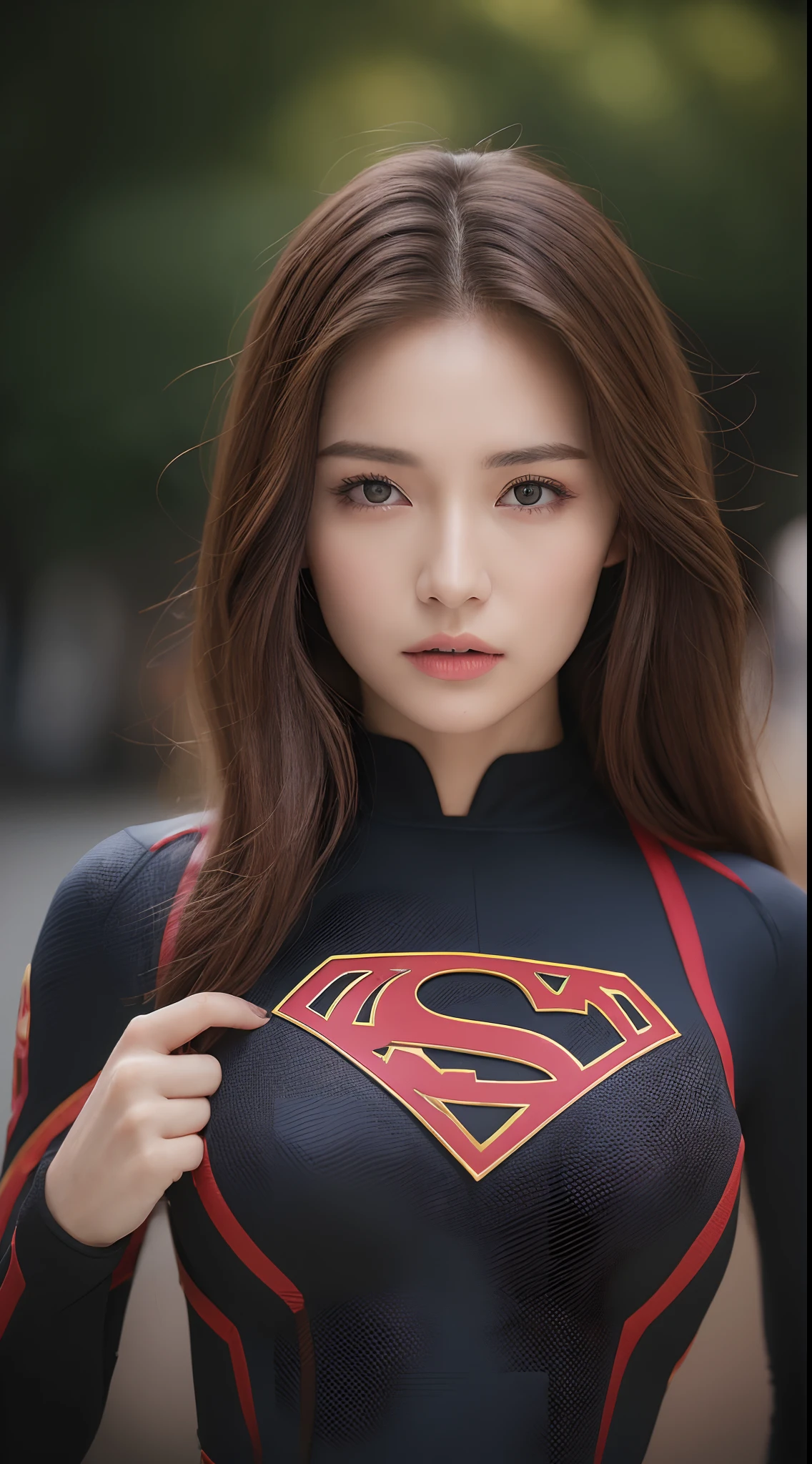 ((Best quality, 8k, Masterpiece :1.3)), Sharp focus :1.2, A pretty woman with perfect figure :1.4, Slender abs :1.2, ((Dark brown hair, Big breasts :1.2)), (Supergirl suit :1.1), City street:1.2, Highly detailed face and skin texture, Detailed eyes, Double eyelid