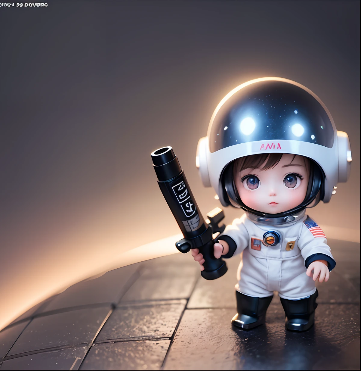 A cute little astronaut，vinyl toy figurine，simple backgound，cyber punk perssonage，hyper-high detail，C4D，3Drenderingof，ultraclear