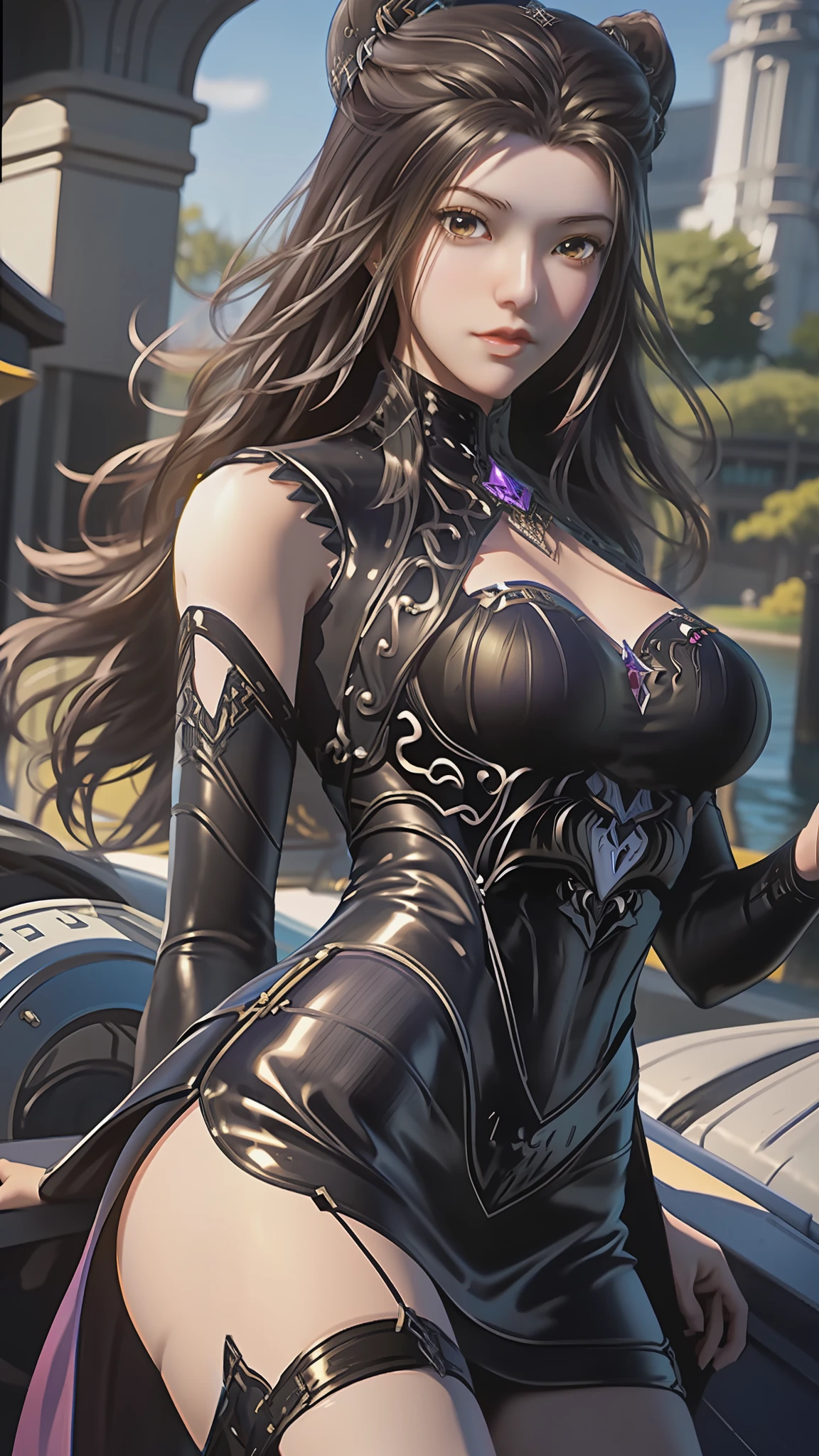 ull body,a woman standin with hands on hips sexy, cute smile, upper body, beautiful eyes, beautiful girl, high detail skin, high detail eyes, high detail hair, highres, ultra detailed, sharpen picture, Highly detailed, masterpiece, best quality, photorealistic, a woman, long hair, golden eyes,collar, corset, gloves, cut out pants, black hair, exposed belly, big tits